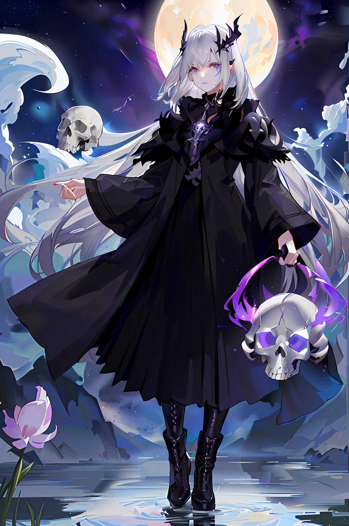 Anime girl in white hair black dress holding skull, beautiful goddess death, full portrait of the elementalist, white-haired god, astral witch costume, dark witch character, portrait of the holy necromancer, stylish dark witch, zerochan art, dark cloak necromancer, arcane art style, beautiful necromancer, black skull, dark fantacy,