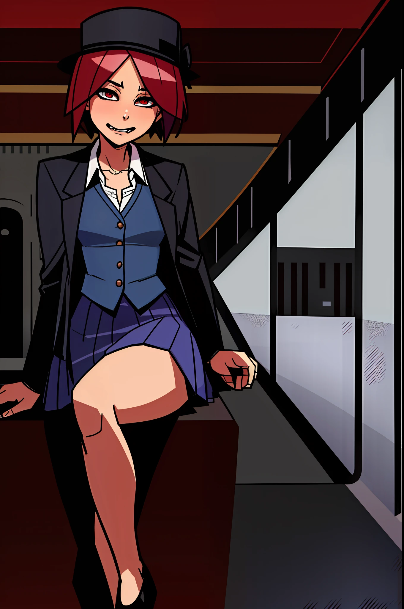 balsamique, masterpiece, best quality, 1girl, breasts, solo, petite, conductor's hat, miniskirt, pulling on skirt, dot eyes, blushing, sitting, pulling on skirt, panting, short hair, red hair, blue uniform, rubbing legs, crazy eyes, small pupils, (sanpaku eyes), focused, breaths, gasping, snake eyes, red eyes, narrow eyes, drooling, fang, hyperventilating, looking at viewer, biting lip, breath, suit jacket, rubbing legs together