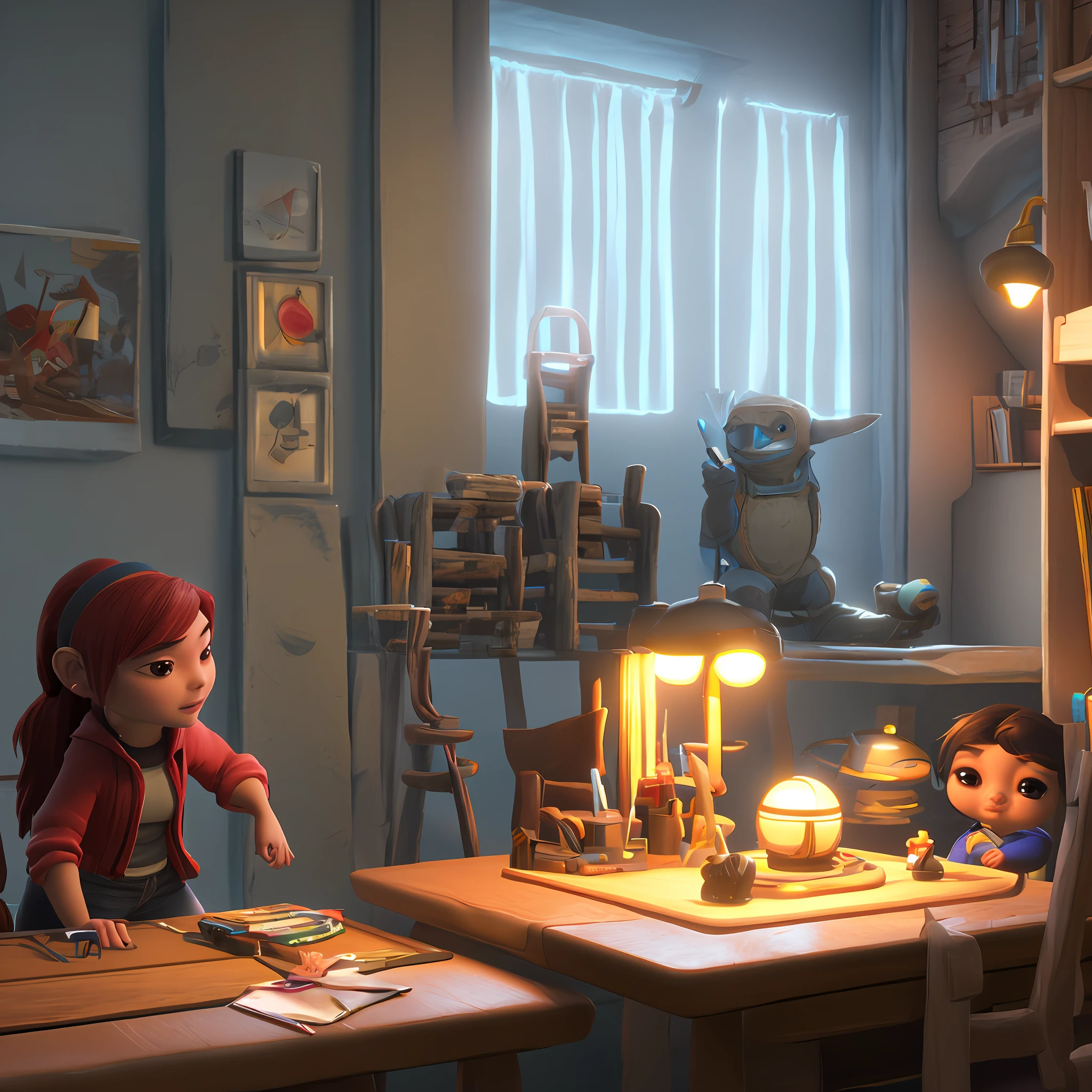 Tabletop, Unreal Engine, cozy interior lighting, art station, detailed digital painting, film, character design by Mark Redden and Pixar and Hayao Miyazaki, macaron color scheme, daz, cute, octane rendering, 3DMDT1