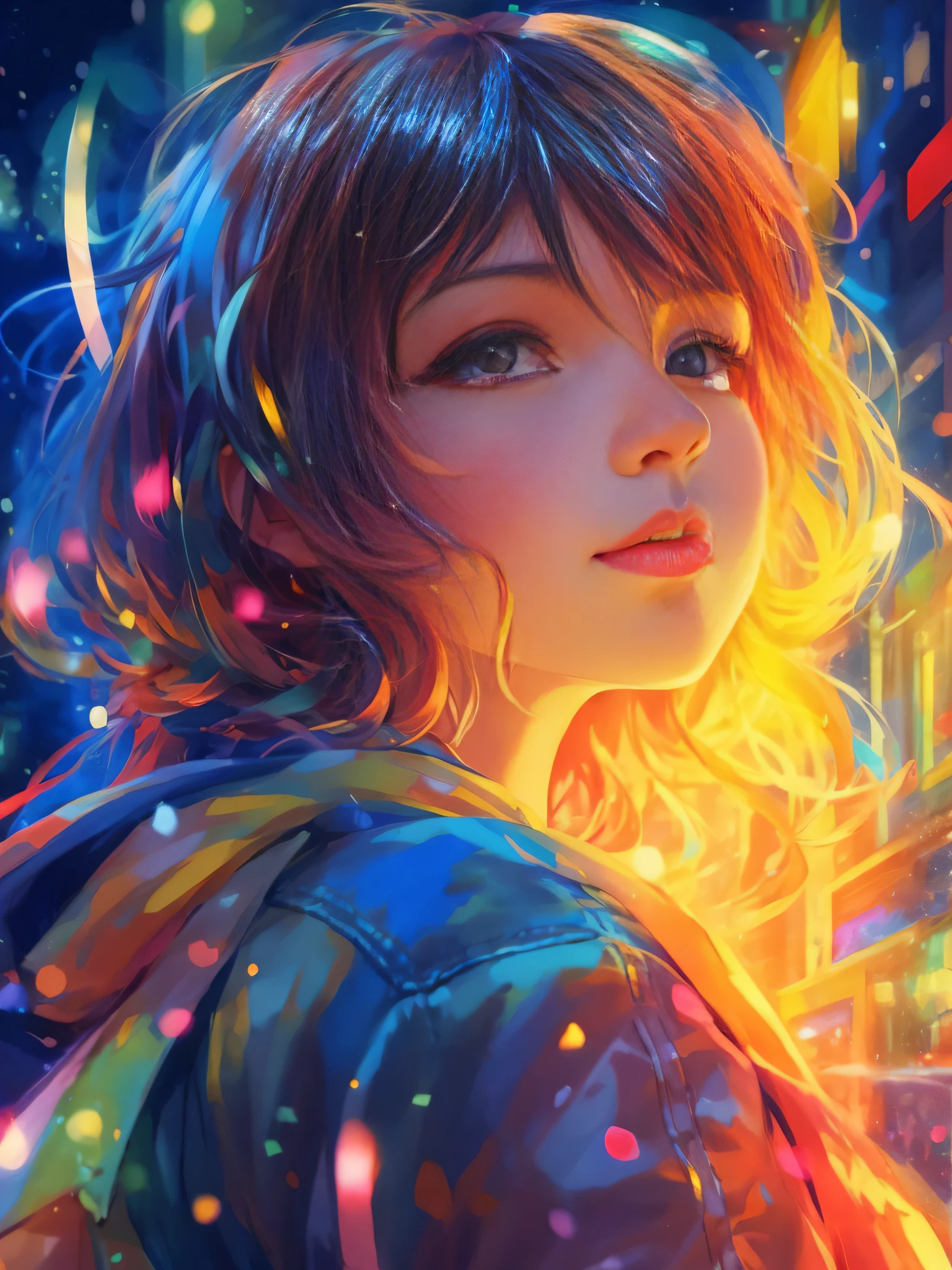 a girl with a bright hair and a blue jacket looks at the camera, inspired by Yuumei, digital anime art, colorful digital painting, rossdraws cartoon vibrant, anime style 4 k, alice x. zhang, by Yuumei, digital anime illustration, beautiful anime portrait, vibrant digital painting, detailed digital anime art, anime digital art