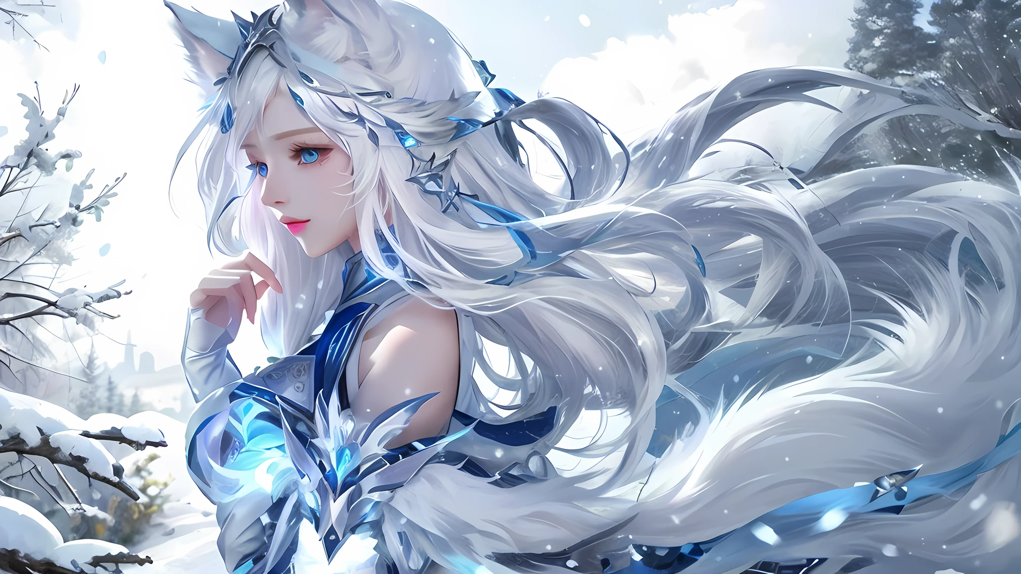 Superb image quality, 8k, masterpiece: 1.3, 1girl, super detailed, inspired by League of Legends beavers, white hair, white cat ears, in the snow, white fox tail, silver and blue clothes