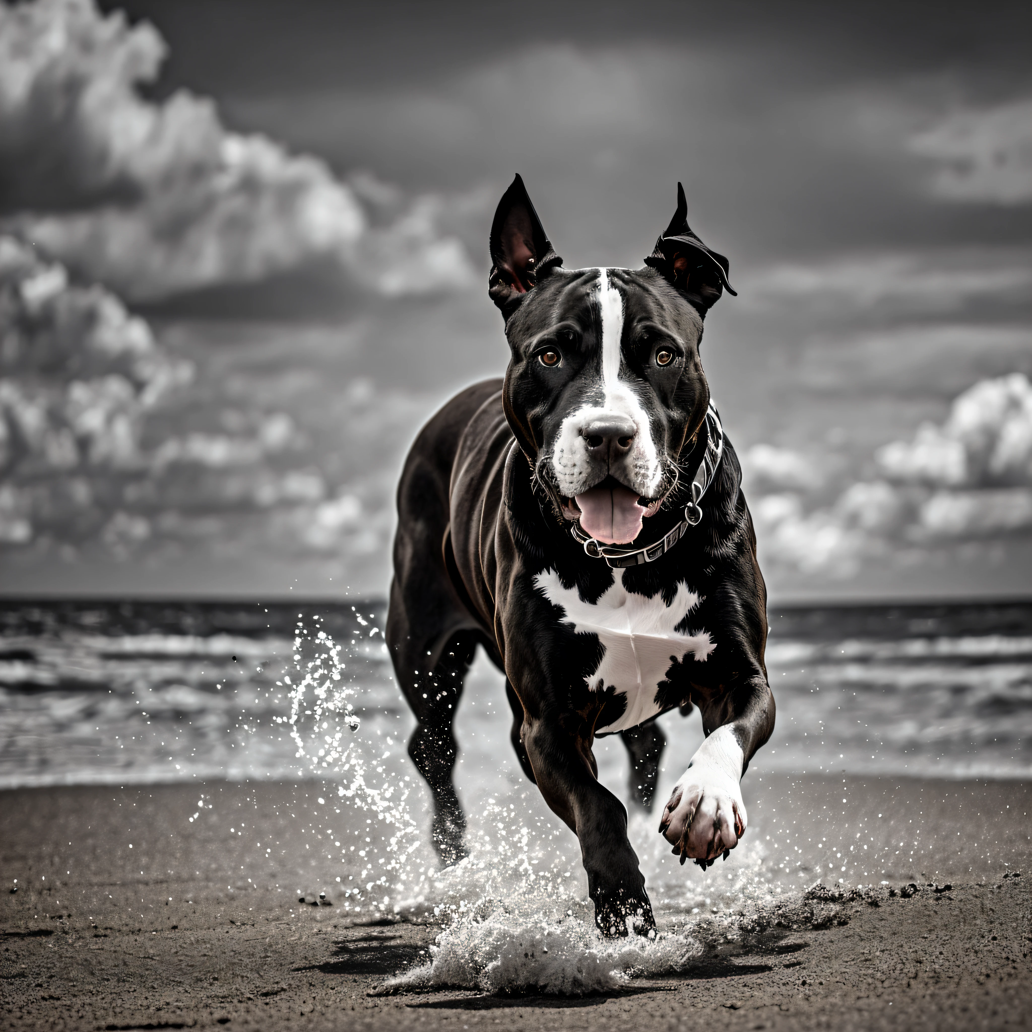 Black and white pitbull, Big brown eyes, pirate style, running towards to a human, at the beach, atmospheric perspective, 8k, super detail, accurate, best quality, uhd, 4d cinema digital art --auto --s2