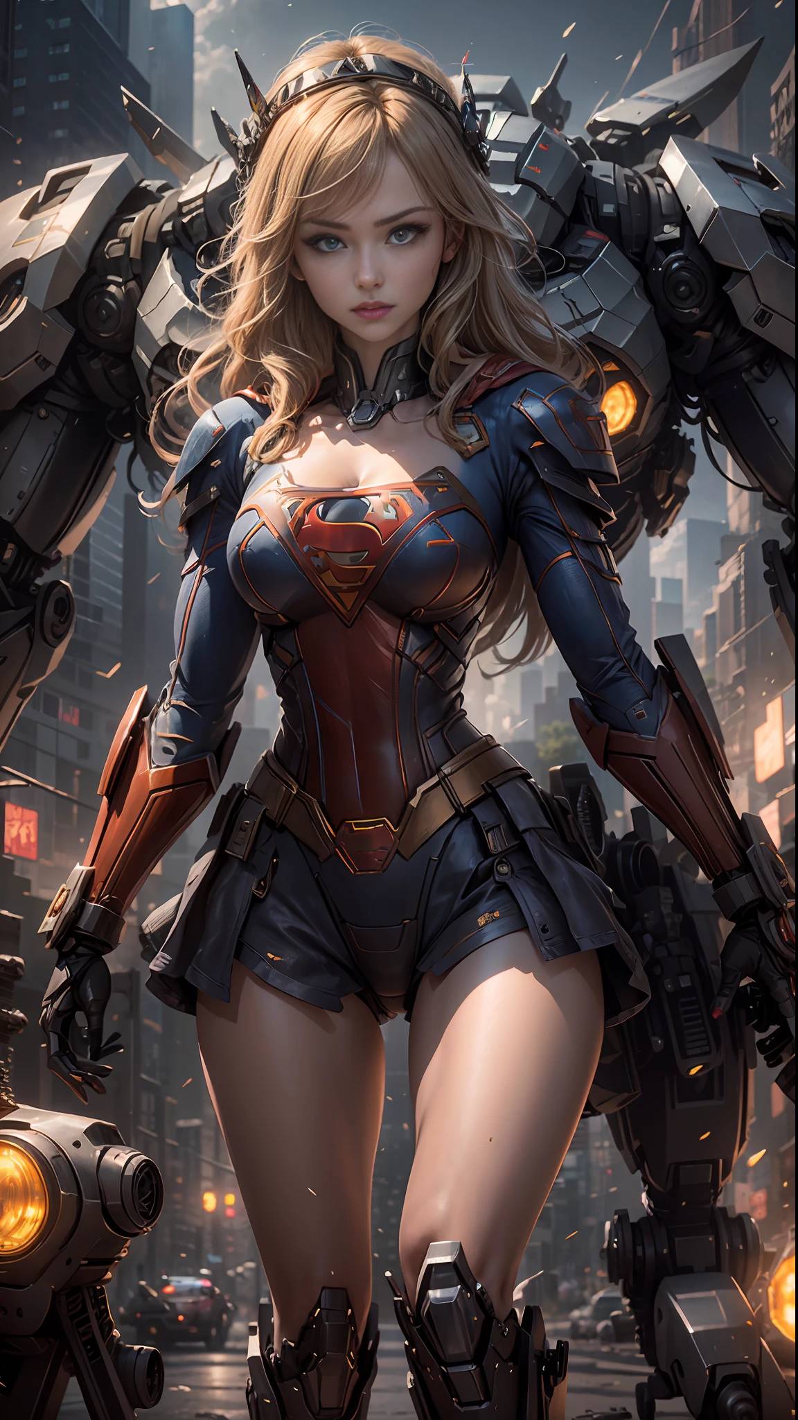 ((Best Quality)), ((Supergirl's Masterpiece)), (Very Detailed: 1.3), 3D, Shitu-mecha, Beautiful cyberpunk woman wearing crown with her ruined mecha of a forgotten war city, long blonde hair, blue eyes, superman S symbol on chest, sci-fi technology, HDR (High Dynamic Range), ray tracing, nvidia RTX, super resolution, unreal 5, subsurface scattering, PBR texture, post-processing,  anisotropic filtering, depth of field, maximum sharpness and sharpness, multi-layer texture, specular and albedo mapping, surface shading, accurate simulation of light-material interactions, perfect proportions, octane rendering, duotone lighting, low ISO, white balance, rule of thirds, wide aperture, 8K RAW, high-efficiency subpixels, subpixel convolution, light particles, light scattering, Tyndall effect