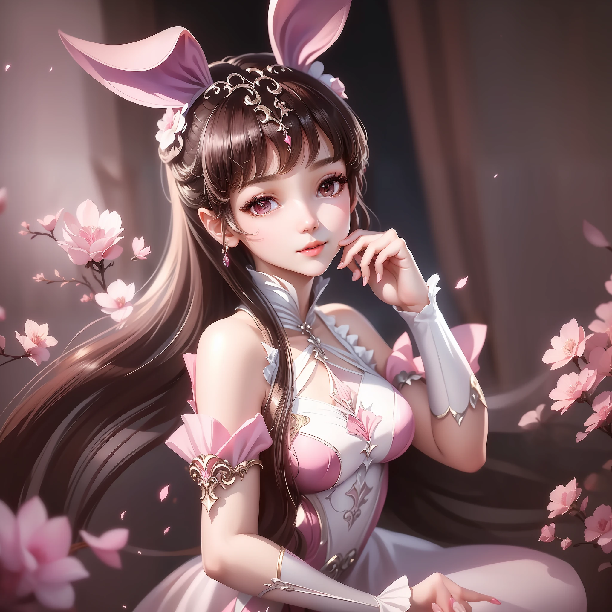 (coefficient 1.2) (fresh and elegant painting style + clear and delicate picture quality), the beautiful girl is ite, brown eyes shine with charming light, wearing rabbit ears, wearing a pink chiffon dress, elegant and aesthetic temperament exudes youthful vitality, soft and warm. The facial features are delicate and the beauty is outstanding.