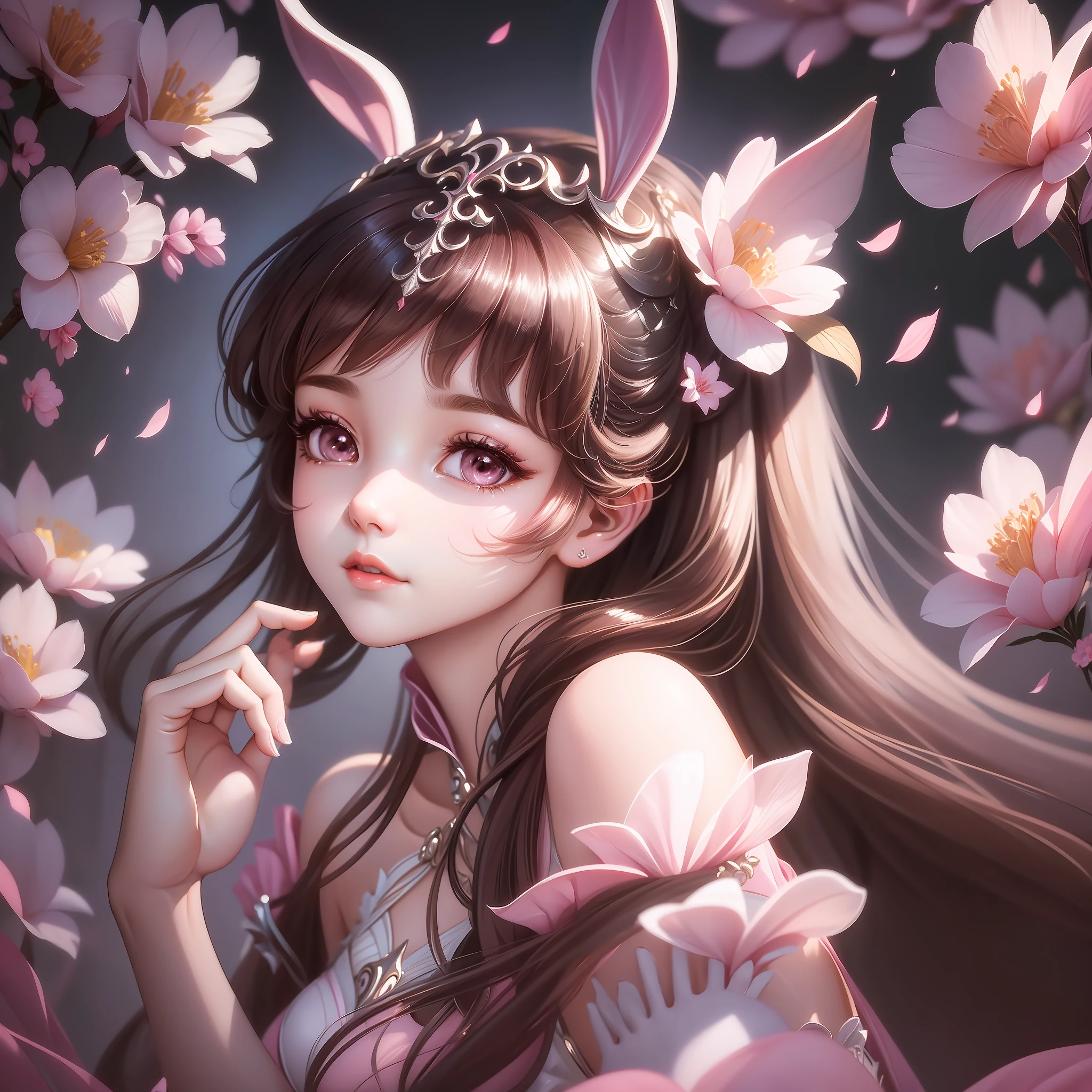 (coefficient 1.2) (fresh and elegant painting style + clear and delicate picture quality), the beautiful girl is ite, brown eyes shine with charming light, wearing rabbit ears, wearing a pink chiffon dress, elegant and aesthetic temperament exudes youthful vitality, soft and warm. The facial features are delicate and the beauty is outstanding.