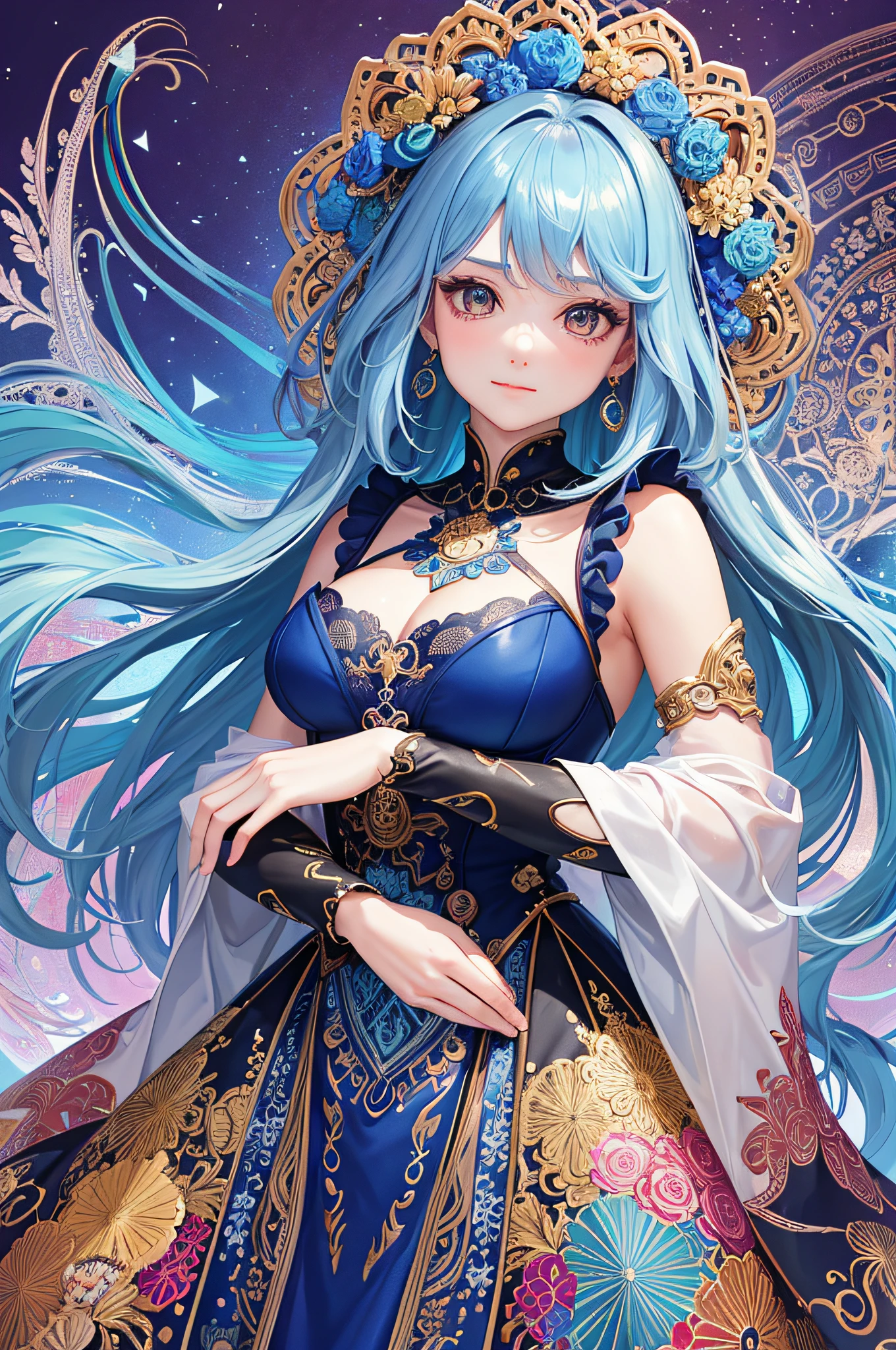(Masterpiece, Top Quality, Best Quality, Official Art, Beauty and Aesthetics: 1.2), (1girl: 1.3), Very Detailed, (Fractal Art: 1.2), Long Blue Hair, (Colorful: 1.2), Most Detailed, (Zentangle: 1.2), (Dynamic Pose), (Abstract Background: 1.5), (Traditional Clothing: 1.2), (Shiny Skin), (Multiple Colors: 1.4), Upper Body
