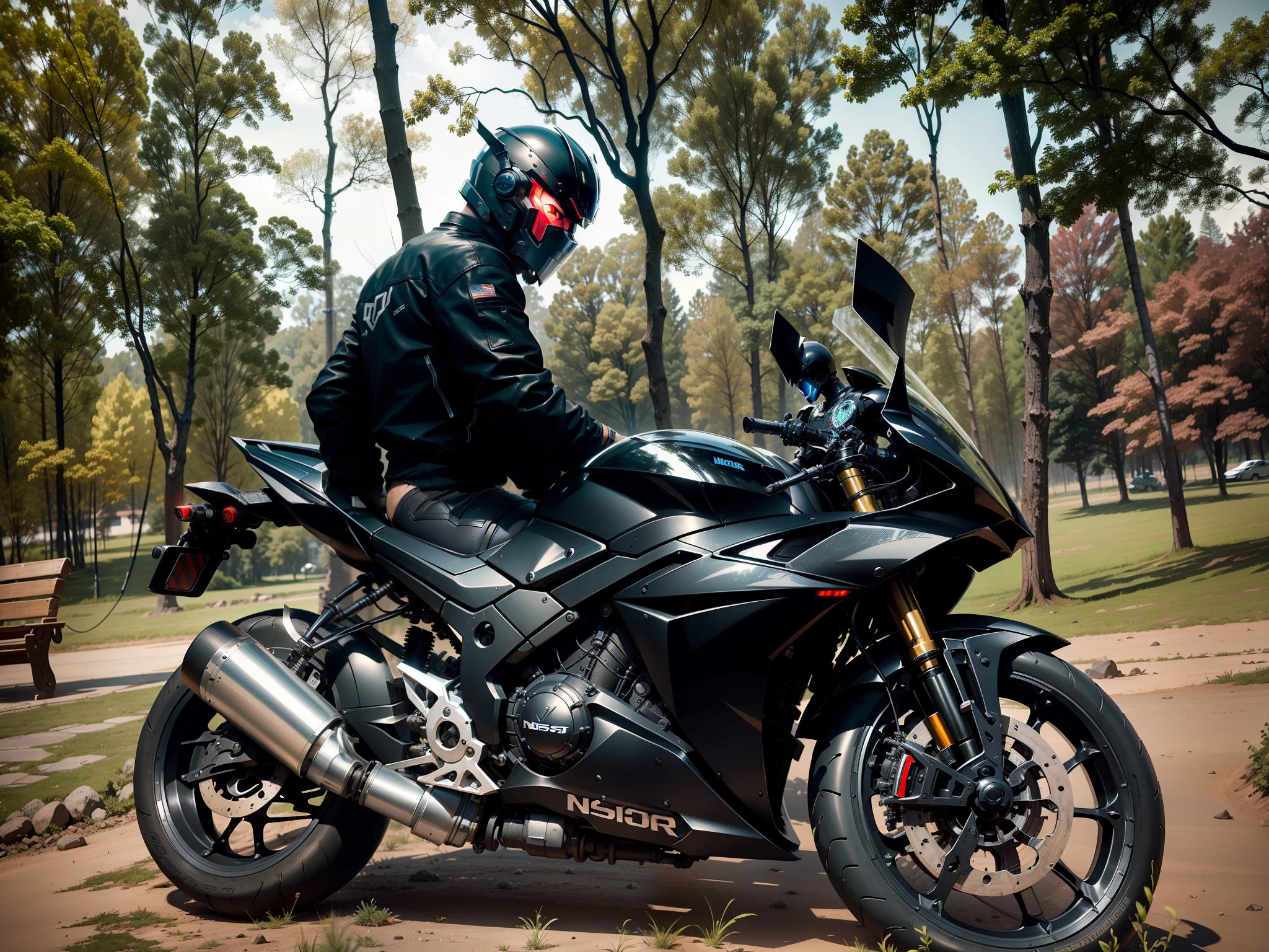 Cyber Male Warrior and Cyber Mechanical Motorcycle, Nousr, Biomechanics, MSHN Robot Man, High-Tech Helmet, Faceless, Surreal, Steel, Intricate Design, Crazy Details, Fine Details, Extremely Clear Lines, Cinematic Lighting, Photo Realistic, Detailed Masterpiece