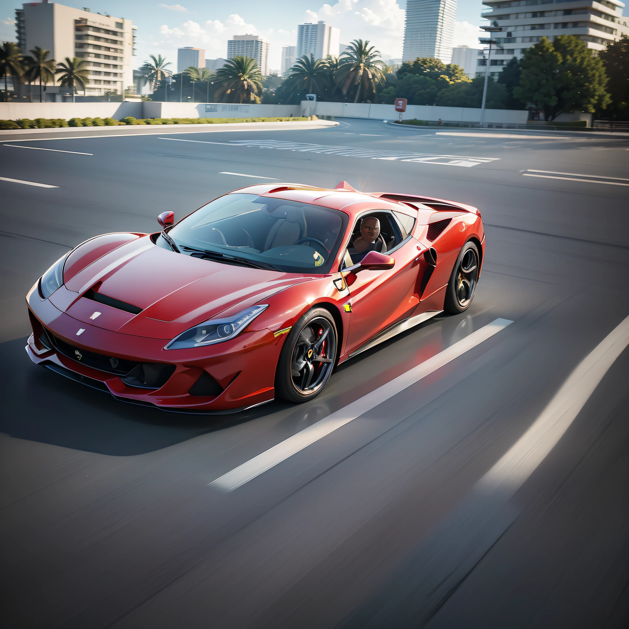 Realistic photograph of 1 red Ferrari on the streets of Miami. (a masterpiece, the best quality, with a dynamic style, red sports cars, empty street, wide vision, vibrant colors, bright sunlight) + (slightly blurred cinematic background, vector work, realism, UHD, 8k, 16k)