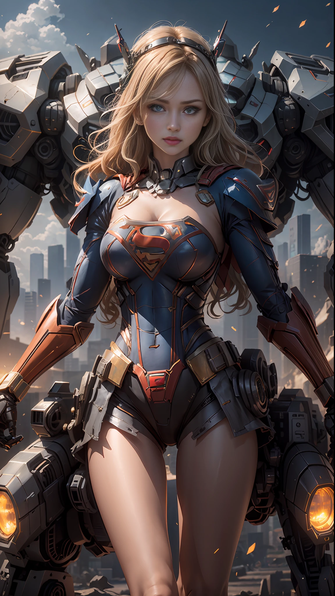 ((Best Quality)), ((Supergirl's Masterpiece)), (Very Detailed: 1.3), 3D, Shitu-mecha, Beautiful cyberpunk woman wearing crown with her ruined mecha of a forgotten war city, long blonde hair, blue eyes, superman S symbol on chest, sci-fi technology, HDR (High Dynamic Range), ray tracing, nvidia RTX, super resolution, unreal 5, subsurface scattering, PBR texture, post-processing, anisotropic filtering, depth of field, maximum sharpness and sharpness, multi-layer texture, specular and albedo mapping, surface shading, accurate simulation of light-material interactions, perfect proportions, octane rendering, duotone lighting, low ISO, white balance, rule of thirds, wide aperture, 8K RAW, high-efficiency subpixels, subpixel convolution, light particles, light scattering, Tyndall effect
