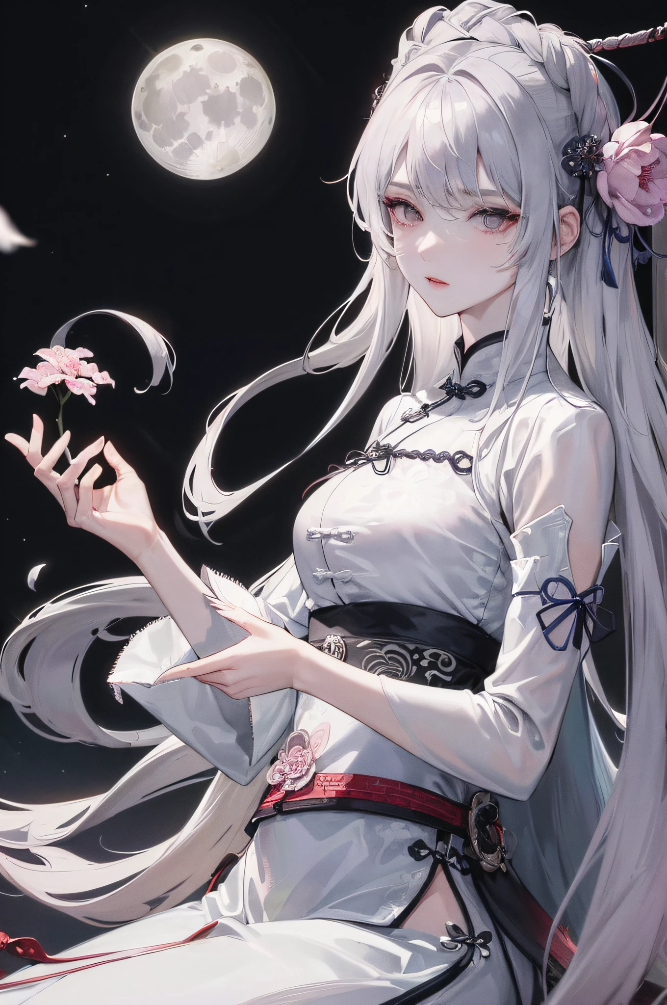 Masterpiece, Best, Night, Full Moon, 1 Female, Mature Woman, Chinese Style, Ancient China, Elder Sister, Royal Sister, Cold Face, Expressionless, Silver White Long Haired Woman, Pale Pink Lips, Calm, Intellectual, Three Belts, Gray Hitomi, assassin, dagger, flower ball background, street view