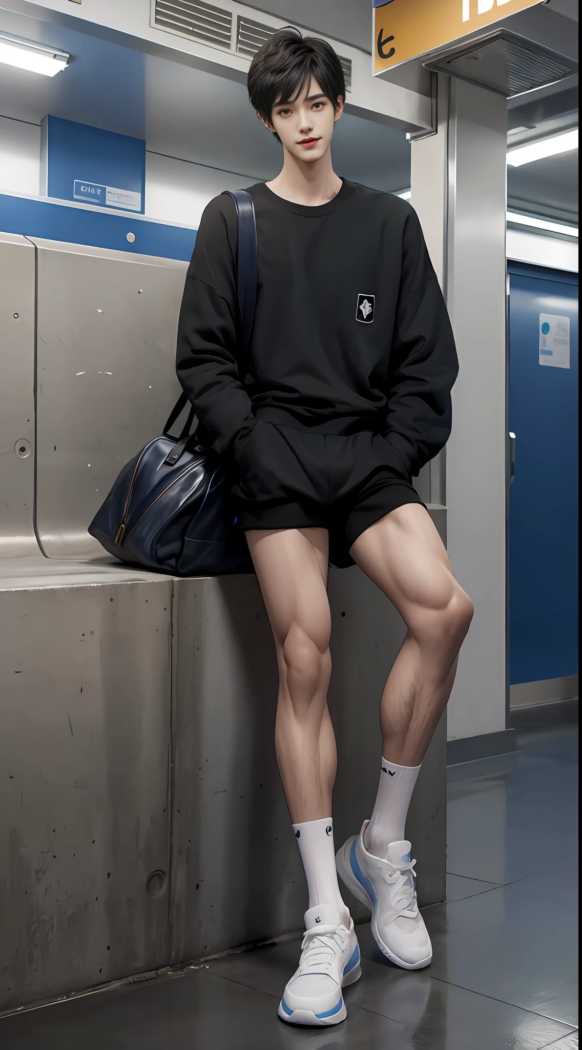 Color, panorama, (full body: 2), exposed full body, (level view: 2), (a cute shota), male focus, sitting in the subway, holding a teddy bear, ooking_at_viewer, male_focus, 16 years old, tall, (tall: 2), super tall body, (300cm height: 2), superior body proportions, (slender legs: 2), small head, (cute and beautiful boy: 2), (anime man's face), (Very detailed beautiful face and eyes: 2), (bright big eyes), sharp eyeliner, clear and beautiful face, short black hair, (straight facial features), (head down), (happy, smile), male sweatshirt, muscular, blue sports men's socks, basketball shoes, detailed muscle texture, prominent muscle structure, anatomically correct, comprehensive lighting, exquisite details, best quality, stunning masterpiece, CG, looking at the camera
