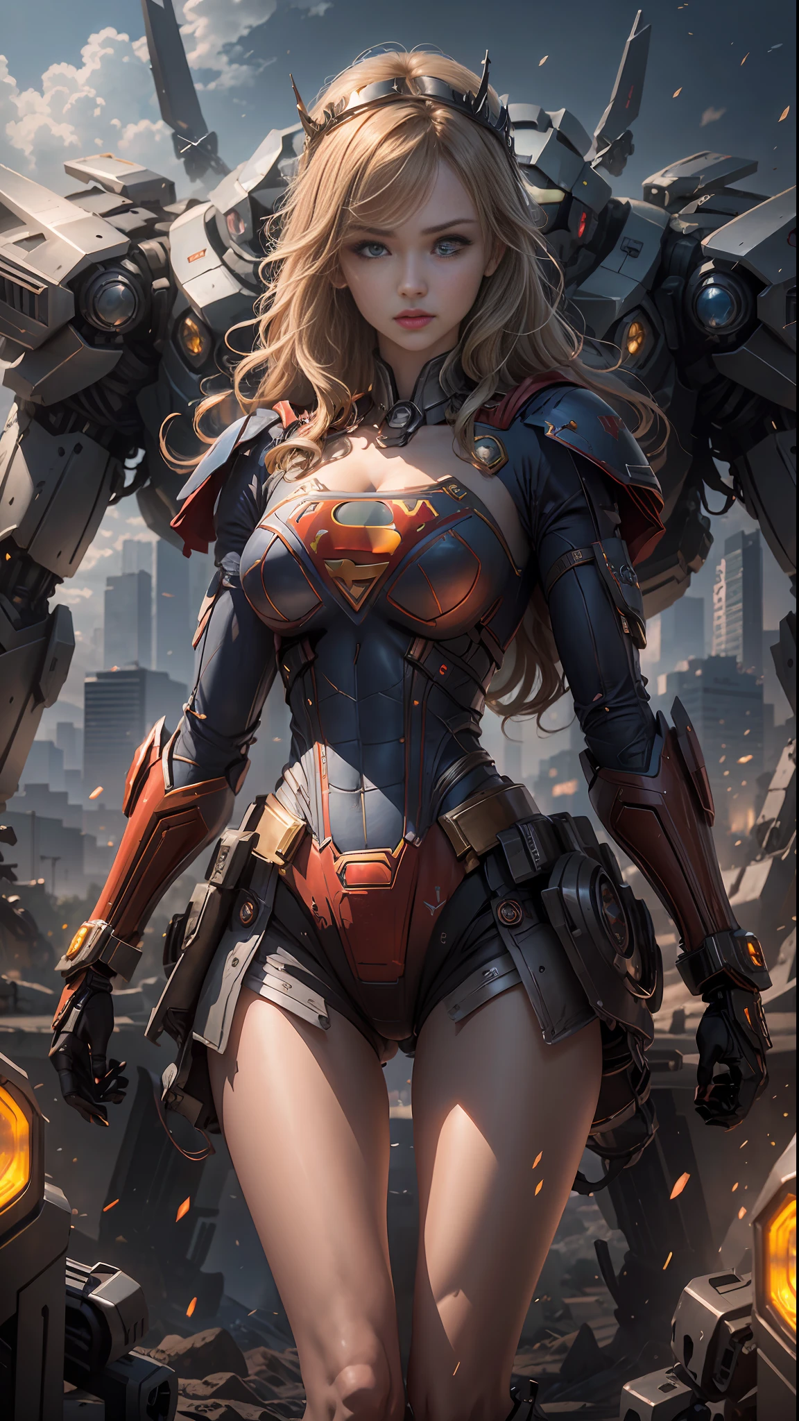 ((Best Quality)), ((Supergirl's Masterpiece)), (Very Detailed: 1.3), 3D, Shitu-mecha, Beautiful cyberpunk woman wearing crown with her ruined mecha of a forgotten war city, long blonde hair, blue eyes, superman S symbol on chest, sci-fi technology, HDR (High Dynamic Range), ray tracing, nvidia RTX, super resolution, unreal 5, subsurface scattering, PBR texture, post-processing,  anisotropic filtering, depth of field, maximum sharpness and sharpness, multi-layer texture, specular and albedo mapping, surface shading, accurate simulation of light-material interactions, perfect proportions, octane rendering, duotone lighting, low ISO, white balance, rule of thirds, wide aperture, 8K RAW, high-efficiency subpixels, subpixel convolution, light particles, light scattering, Tyndall effect