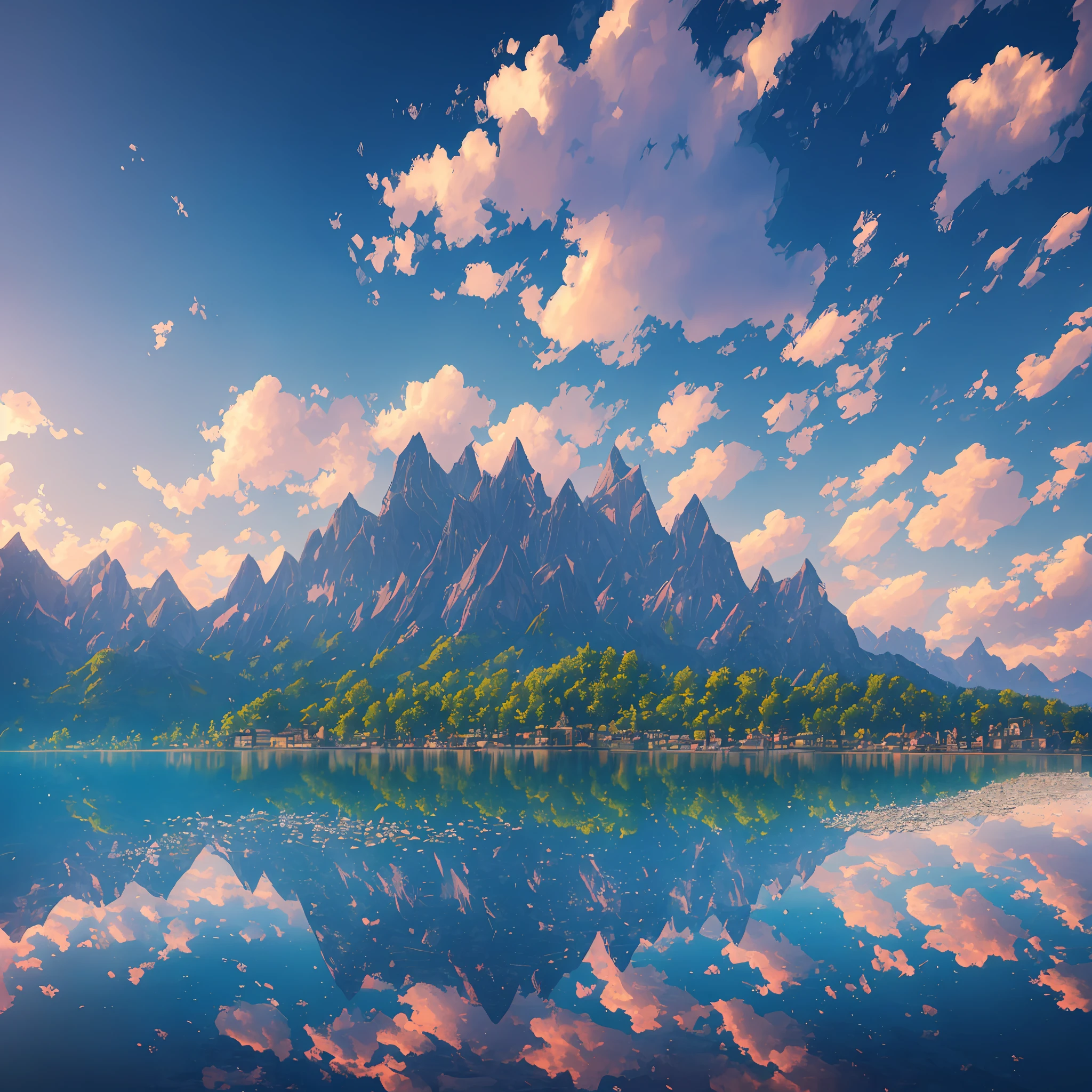 Masterpiece, best quality, high quality, extremely detailed CG unity 8k wallpaper, landscape, outdoor, sky, clouds, sky, no humans, mountain, landscape, water, tree, blue sky, waterfall, cliff, nature, lake, river , cloudy skies, award winning photography, bokeh, depth of field, HDR, bloom, chromatic aberration, photorealism, very detailed, trending on artstation, trending on CGsociety, intricate, high detail, dramatic, half way art --auto --s2