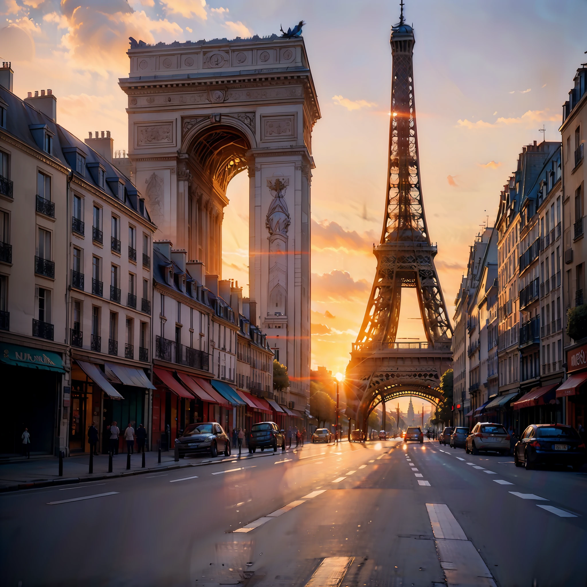 (A realistic photograph of a Beautiful Late Afternoon + in the city of Paris, Sunset Street), (Paris style + French architecture), (High Quality + Best Lighting), (Beautiful Sunset) (blue / orange / red sky + birds), (Dynamic angles + continuous path), (Nostalgic + memory style + twilight), (main frame: street + building) +( empty streets, no people and no cars, just the beautiful architecture of Paris for contemplation)+(feeling of peace and tranquility) + (scenery cinematic).