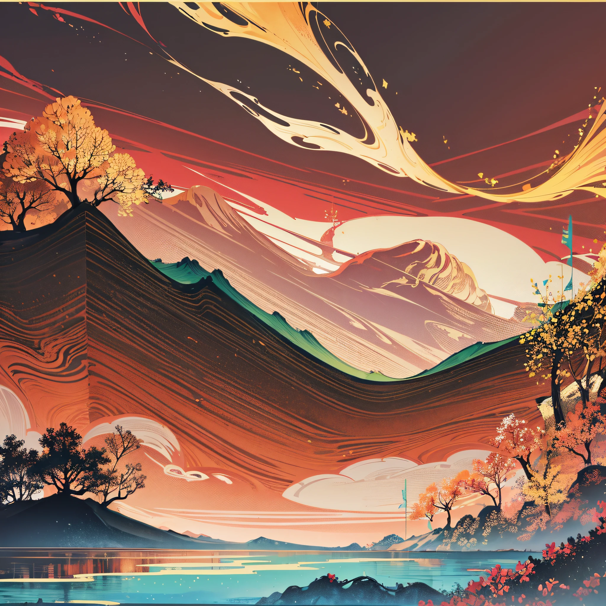 National style, colored ink, gold stroke, gongbi painting, trees, mountains, clouds, mountains, high quality, best quality, lake, boats --auto --s2