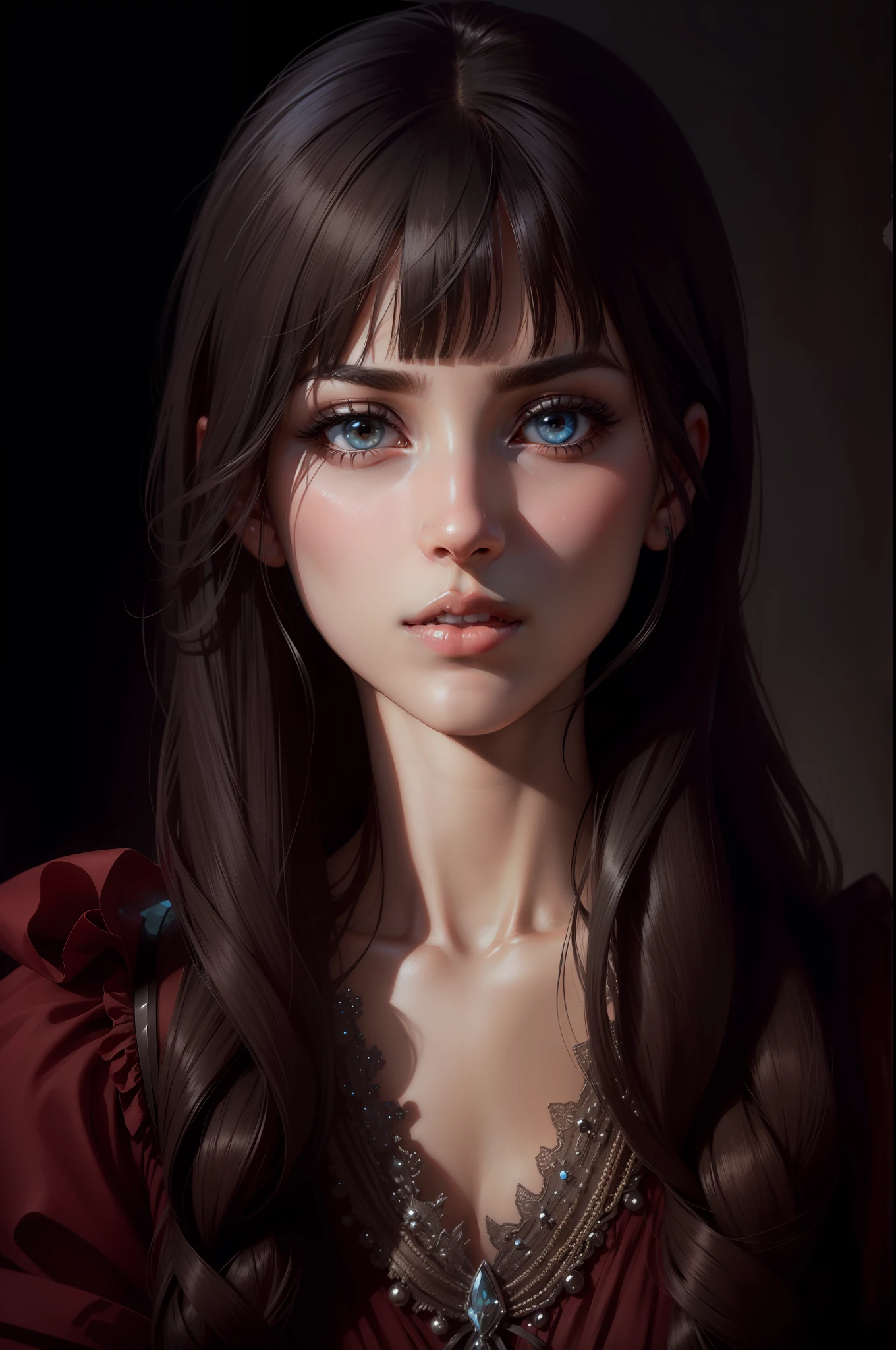 photorealistic photo,(portrait of a girl), beautiful face, sunlight,natural makeup, light like a movie,she is wearing a white dress., bangs, beautiful woman, beautiful black eyes, light from the front,black hair, perfect anatomy,wearing a white dress, luxury from chest to top, very cute, princess eyes , (black eyes) , (frame head), center image, stylized, bioluminescence, Face and body facing forward.28 years old, white low cut dress with small blue details, human hands, full of wonder, elegant, close to perfect, dynamic, highly detailed character sheet, concept art, smooth, facing the viewer directly in the person arranged so that the body is symmetrical and balanced, amazingly beautiful age girl, detailed hairstyle --auto --s2