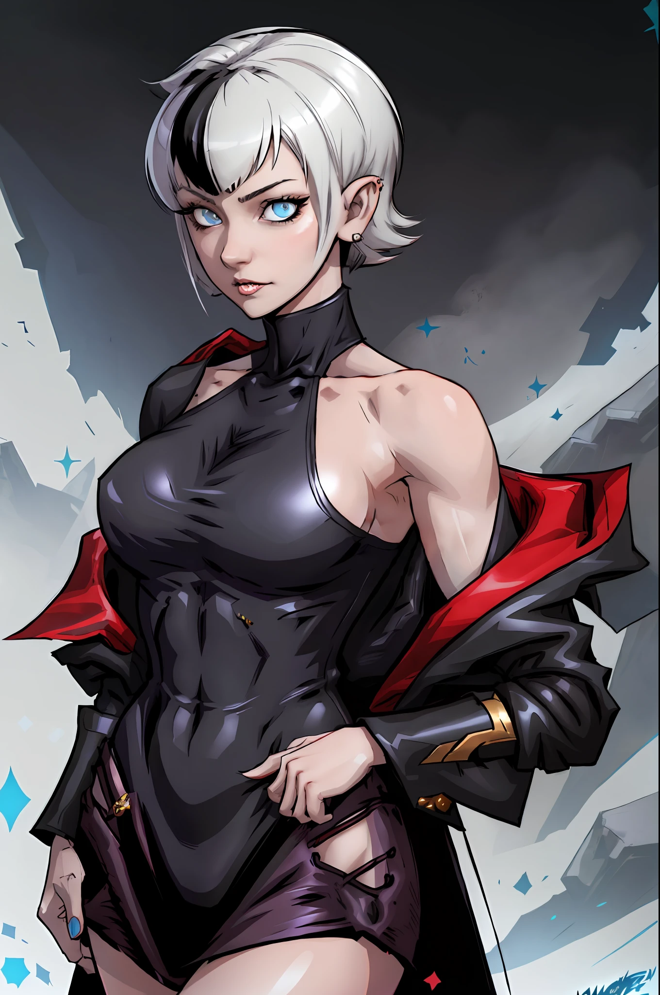 A closeup of a woman and some other poses, concept art, character content art,1girl, highres, sharp focus, pixiv masterpiece, ((intricate details)), highly detailed,highly detailed exquisite fanart, commission for high resolution, one eye, detailed eyes, pale skin, fair skin, short hair, black hair, cat eyes, eyes with cat pupil, muscular!, abdomen, pointy ear, vampire, costume: mercenary outfit, long coat, gothic style clothing, Underworld style clothing, neckline, revealing neckline, joy ride style, ilya kuvshinov,Anime Moe Artstyle, Female anime character, Anime character,