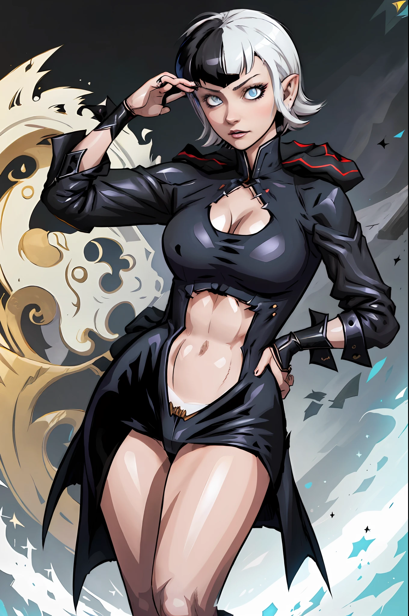 A closeup of a woman and some other poses, concept art, character content art,1girl, highres, sharp focus, pixiv masterpiece, ((intricate details)), highly detailed,highly detailed exquisite fanart, commission for high resolution, one eye, detailed eyes, pale skin, fair skin, short hair, black hair, cat eyes, eyes with cat pupil, muscular!, abdomen, pointy ear, vampire, costume: mercenary outfit, long coat, gothic style clothing, Underworld style clothing, neckline, revealing neckline, joy ride style, ilya kuvshinov,Anime Moe Artstyle, Female anime character, Anime character,