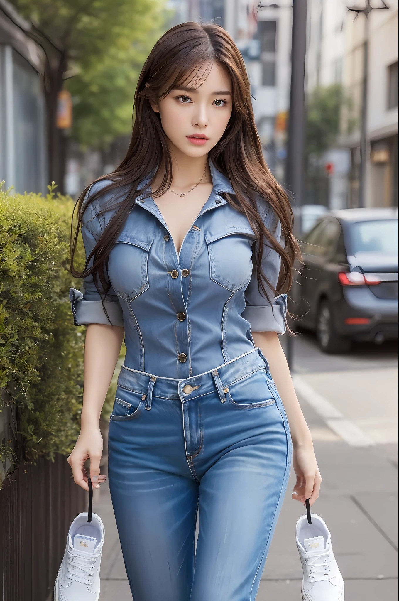 (Top Quality, 4k, Masterpiece: 1.3), Beautiful Woman, Woman 1, Dark Brown Hair: 1.1, Ultra-Detailed Face, Detailed Lips, Detailed Eyes, Double Eyelids, ((Full Body: 1.2)), Everyday Wear, Outdoor, Denim, Shirt, ((Sneakers))