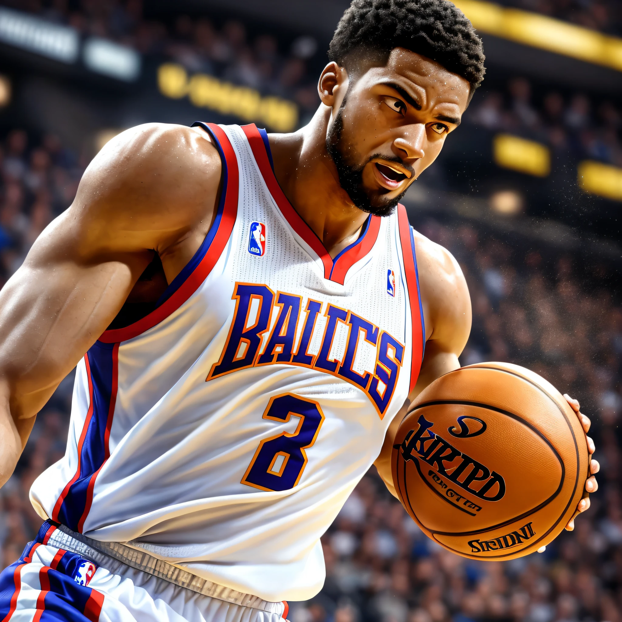 Capture the awe-inspiring moment of an NBA player executing a powerful dunk with unrivaled intensity. Visualize a dynamic scene where the player soars through the air, exhibiting extraordinary athleticism and raw energy. This hyper-realistic, high-definition image should showcase every intricate detail of the player's physique, including the rippling muscles, focused determination in their eyes, and beads of sweat glistening on their forehead. The photo should possess an 8K resolution, allowing viewers to immerse themselves in the sheer realism and clarity of the moment. Use professional-grade camera equipment and lighting techniques to ensure the utmost precision in capturing this remarkable feat. --auto --s2