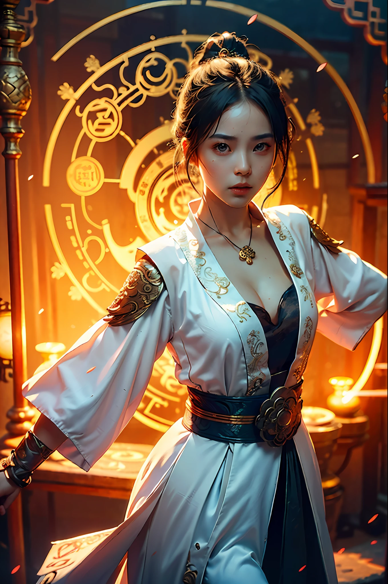 Best quality,masterpiece,ultra high res,(photorealistic:1.4),xiuxian,weapon,Detailed face,
1girl,solo,weapon,cleavage,(magic circle:1.2),xiuxian,upper body,Beautiful girl,full body,east asian architecture,sheath,architecture,