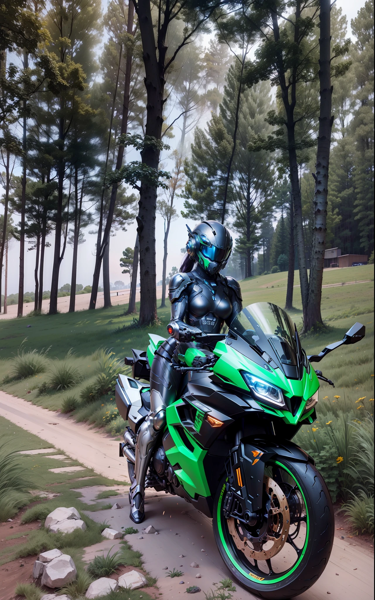 Cyber Warrior Woman and Cyber Mechanical Motorcycle, Nousr, Biomechanics, MSHN Robot Woman, Faceless, High-Tech Helmet, Hyperreal, Steel, Intricate Design, Crazy Details, Fine Details, Extremely Clear Lines, Cinematic Lighting, Photo Realistic, Detailed Masterpiece