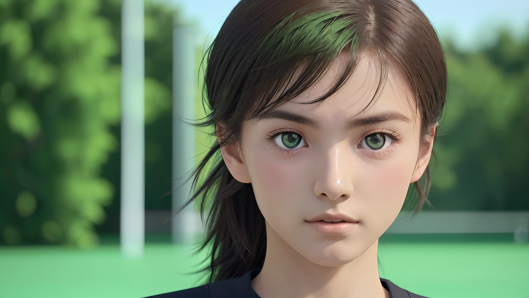 4k high definition image, 3D, lonely, A 20 year old physical education teacher, detailed perfect face, bright green eyes, small pointed chest, detail-oriented whole body, 1.80cm tall, black horsetail hair, sports court background.