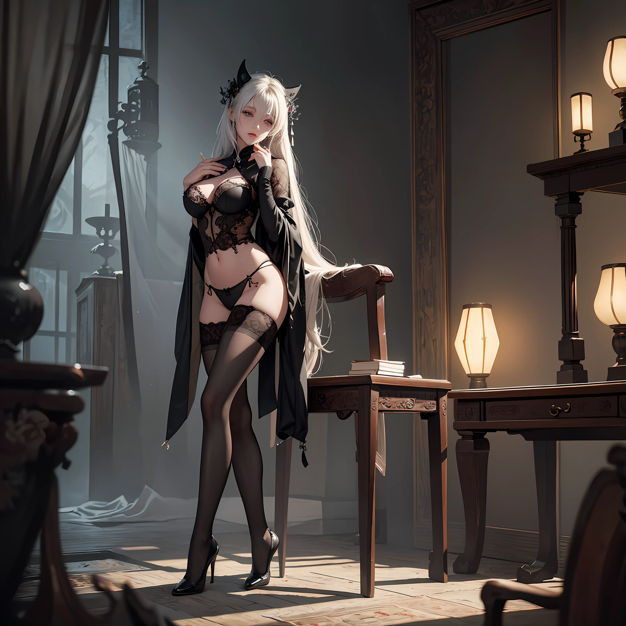 Official Art, Unity 8k wallpaper, super detailed, beautiful, beautiful, masterpiece, best quality,
darkness, epic, atmospheric, mysterious, taboo, romantic, creepy, literature, art, fashion, ancient china, decoration, intricate, silverwork, lace, contemplation, emotional depth, supernatural,
1 girl, blindfolded, solo, sitting with her legs up, black stockings, full body composition