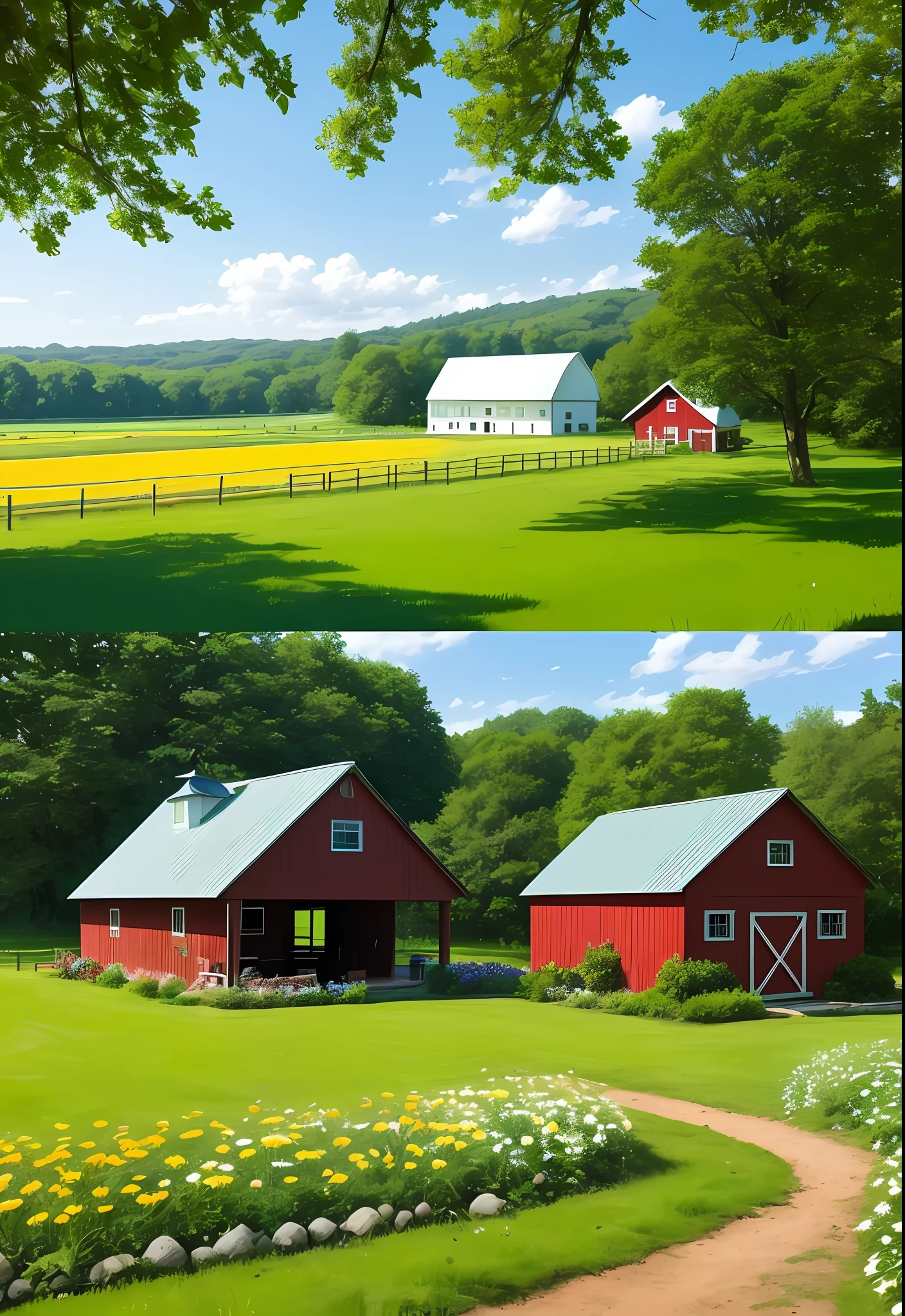 The image depicts a charming little farm in the midst of a serene and exuberant landscape. In the center of the scene stands a wooden barn with an inviting red door. The barn is surrounded by white fences that delimit the farm's space.

Just in front of the barn, there is a small calm lake, with a fine mist hanging delicately over the surface of the water. By the lake, there are some colorful rocks and daisies, adding a picturesque touch.

Inside the lake, you can see yellow ducklings swimming merrily, while dragonflies dance gracefully through the air. Next to the lake, there is a leafy tree that offers shade with its branches extended.

To the left of the barn is a corral surrounded by a white wooden fence. The corral houses an adorable array of farm animal puppies. There are spotted cow cubs, fluffy yellow chickens, yellow ducklings in rows, and playful pink pigs. They all radiate an irresistible sweetness.

In the background, one glimpses a hill covered in verdant grass, dotted with multicolored wildflowers. The blue sky is dotted with fluffy white clouds, creating a warm and inviting atmosphere.