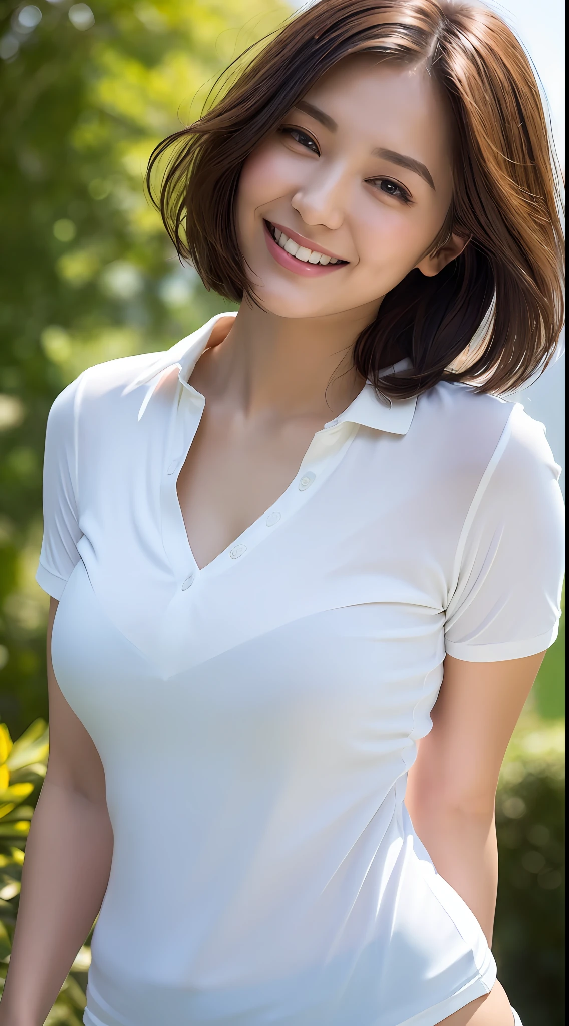 Short hair outdoor fair skin disheveled hair open mouth white tears, Japan woman, super cute, soft and face, brown hair, 8K resolution, ultra realistic, super definition, soft body toned buttocks night, ((highest definition, 8k, masterpiece: 1.3)), super definition face, ultra-fine lips, fine eyes, double eyelids, short short sleeves, wide open chest, well-shaped upward bust, angle from the side, sideways, buttocks sticking out, chest, big, Polo shirt with thin and tight fabric, hot cheeks, 24 years old, cute smile