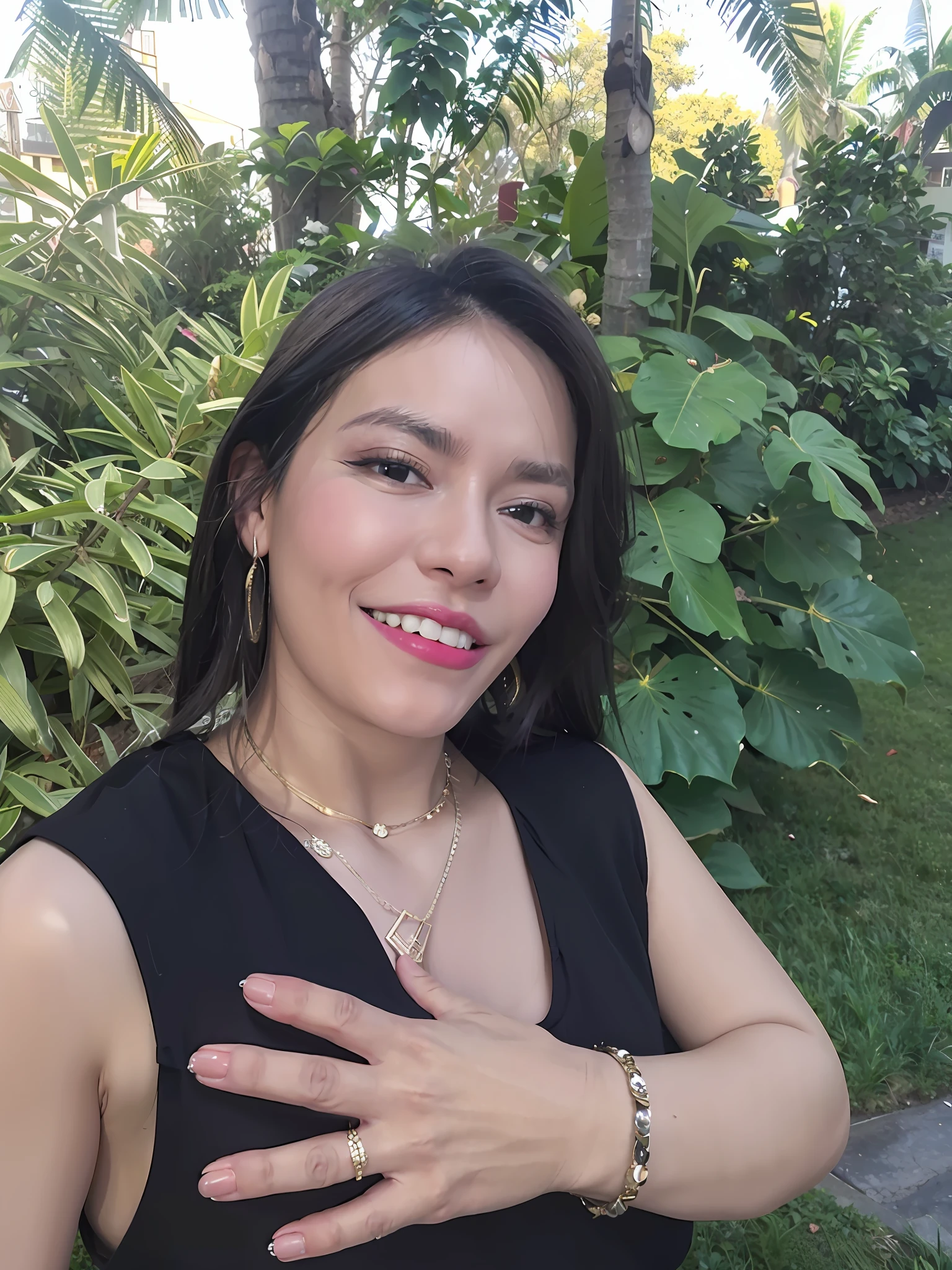 smiling woman with a black top and gold jewelry posing for a picture, alanis guillen, profile image, lorena avarez, karla ortiz, 30-year-old woman from cuba, by Nándor Katona, pilar, fernanda suarez, adriana dxim, ayahausca, estefania villegas burgos