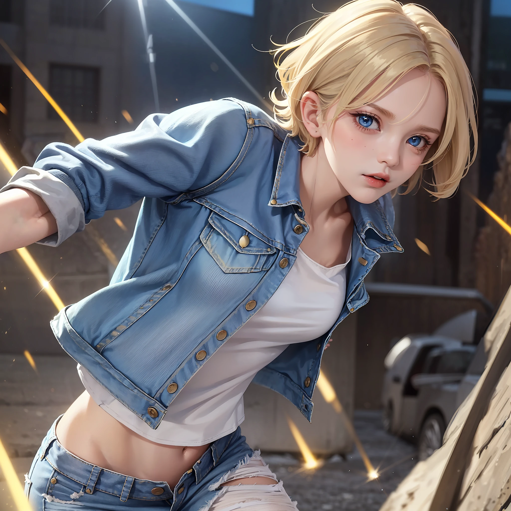 (((1 girl, cute, denim jacket, white top, jeans, Gloves, blond, short hair, bob hair, side parted hair, blue eyes))), (((blond hair))),
dynamic poses, manga style, depicting a group of characters in various action scenes, from intense battles to lighthearted moments, with dramatic speed lines and bold sound effects, capturing the excitement and energy of the story, Laser rays from the palm of hand, Attack forward with palm, yellowstone park, Grand Canyon,