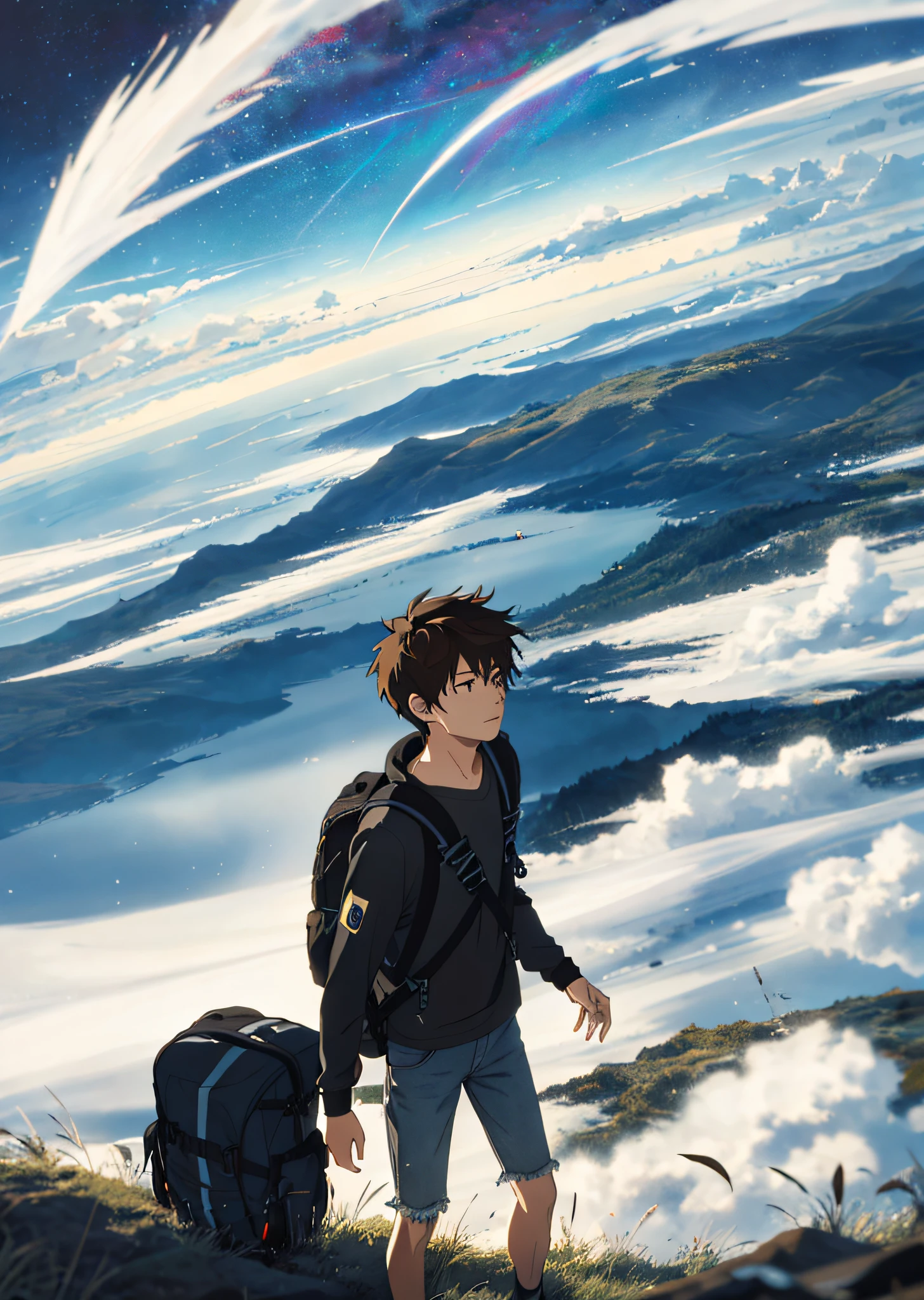 (Beautiful skyline, magnificent sky), (Dramatic and dramatic graphics, moving visuals), (Hanging North Star, colorful natural light), (1boy), (long-sleeved top, denim shorts, carrying backpack), (dynamic pose: 1.3, black eyes, black hime-cut hair) [:0.8], (large prairie), (oncoming breeze), ( Brown hair in harmony with background: 1.2), (close-up, long shot mashup) [::0.9]