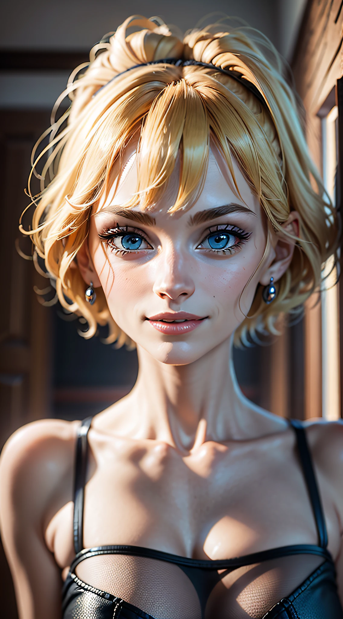 masterpiece, maximum quality, ultra high resolution, 8k, Lisa Simpson (The Simpsons), full body, alone, very thin, very detailed face, incredibly identical face, detailed eyes, mischievous smile, cheerful, human pellet, wearing a short red dress, realistic photo, totally realistic, human pellet, studio lighting, in the house of the Simpsons, fully humanized