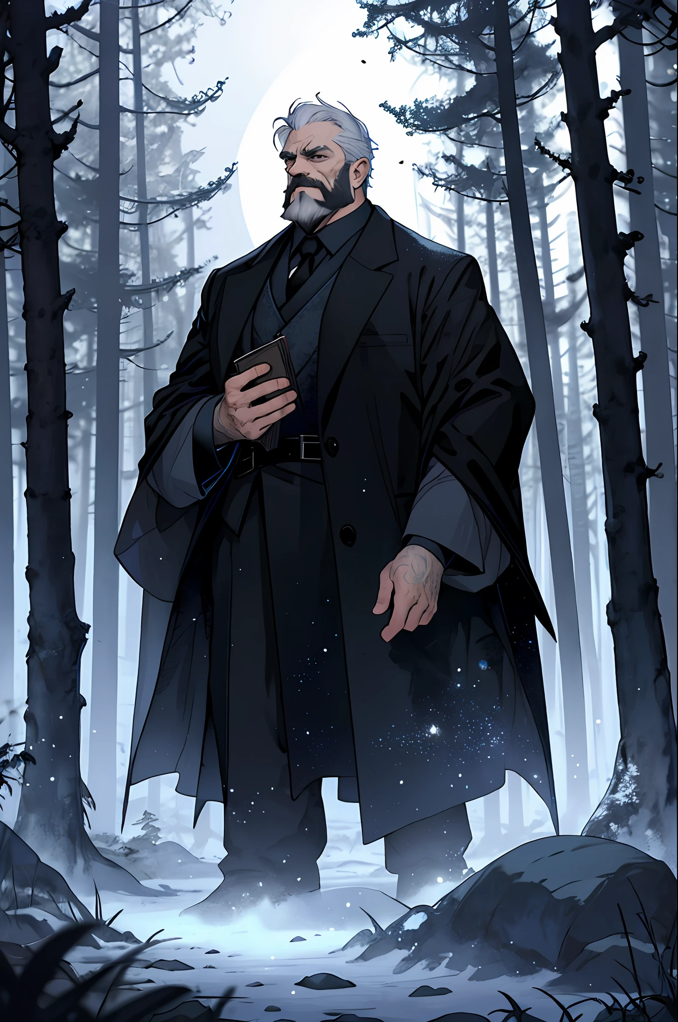 An elderly, muscular magician, wearing black overcoat, short white hair, bearded, holding a grimoire, in a dark forest at night, full lunar, magical sparks, deep shadows, detailed textures, diffuse lights, crisp and bright moonlight, different shades of black and gray in the midst of the dark forest, many trees and plants along the scenery,  mysterious and enchanted atmosphere.