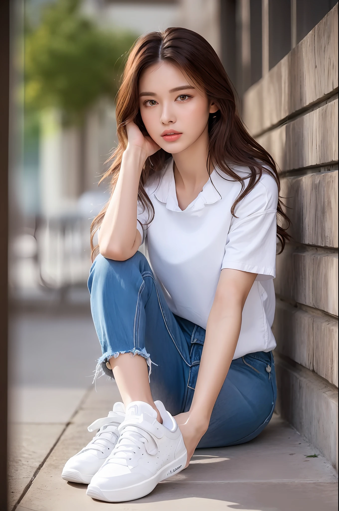 (Top Quality, 4K, Masterpiece: 1.3), Beautiful Woman, Single Woman, Dark Brown Hair: 1.1, Ultra-Detailed Face, Detailed Lips, Detailed Eyes, Double Eyelids, ((Full Body: 1.2)), Everyday Wear, Outdoor, Denim, (((White Shirt)), (((Sneakers))