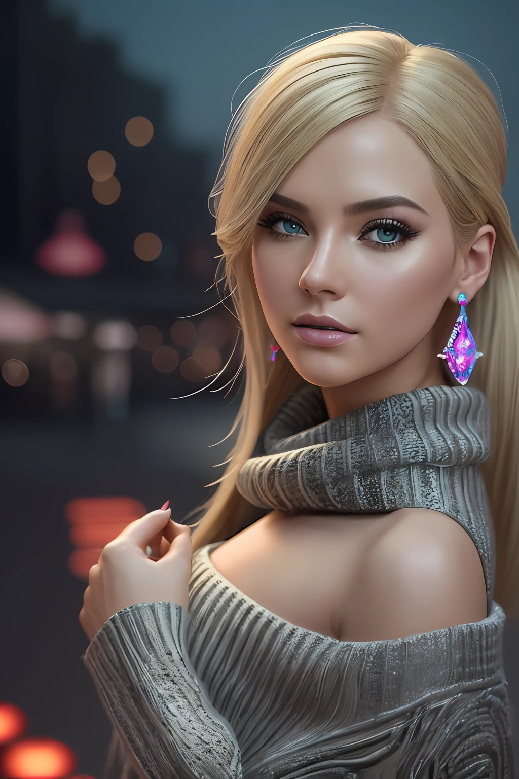 ((Selfie:1.1)), (raw:1.1) photo of (blonde Maj1j3j01-1200:0.99), a woman as a model, modelshoot style, (extremely detailed CG unity 8k wallpaper), photo of the most beautiful artwork in the world, professional majestic oil painting by Ed Blinkey, Atey Ghailan, Studio Ghibli, by Jeremy Mann, Greg Manchess, Antonio Moro, trending on ArtStation, trending on CGSociety, Intricate, High Detail, Sharp focus, dramatic, photorealistic painting art by midjourney and greg rutkowski, (at night:1.2), (dimly lit), (neon lights:1.2), (carnival:1.1), (makeup:1.1), ((roller-coaster in background)), ((off the shoulder sweater:1.2)), (looking at viewer:1.3), (detailed pupils:1.3), (modern outfit:1.2), (club makeup:1.2), (close up:1.3), (earrings).