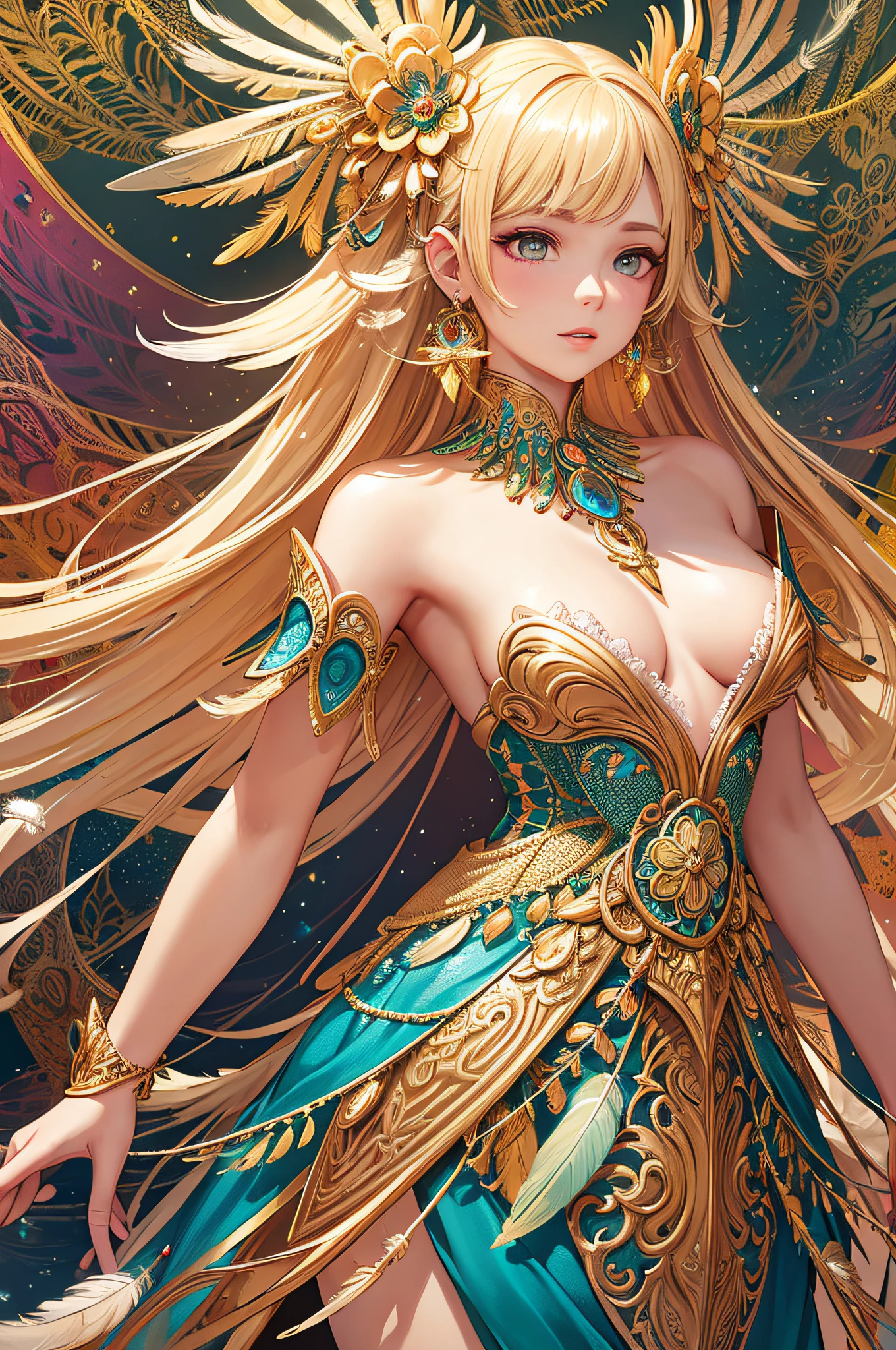 A girl with small breasts, bare shoulders, golden hair, colored feathers, metal ornaments, colored flowers, particles, light rays, (masterpiece, top quality, best quality, official art, beautiful and aesthetic:1.2), (1girl:1.3), extremely detailed,(fractal art:1.1),(colorful:1.1)(flowers:1.3),highest detailed,(zentangle:1.2), (dynamic pose), (abstract background:1.3), (shiny skin), (many colors :1.4), ,(earrings:1.4), (feathers:1.4)