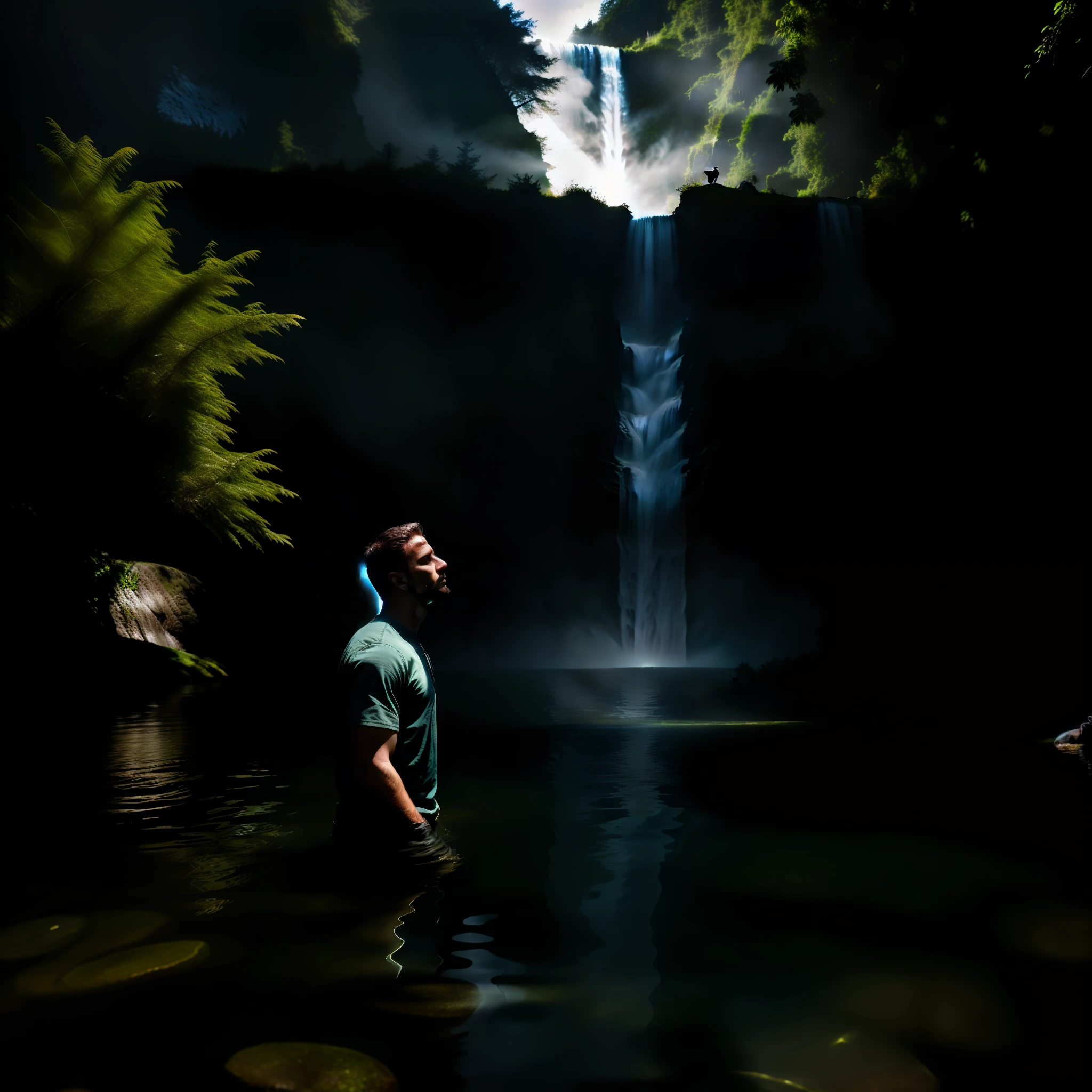 high definition image, realistic, natural lighting, man kneeling under tree in reflection in water, dark background, sun rays illuminating man's face, waterfall in background,man near screen