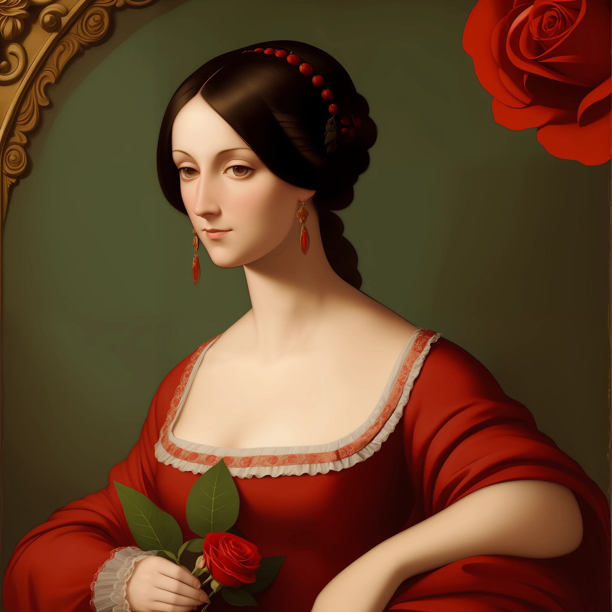 painting of a woman in a blue dress holding a red rose,black hair,red pupils, baroque digital painting, Renaissance digital painting, inspired by Francisco de Zurbarán, inspired by Friedrich von Amerling, inspired by John Singleton Copley, Michael Cheval (unreal engine, in Renaissance style, inspired by Cornelis van Haarlem, inspired by Johann Friedrich Overbeck, Renaissance portrait