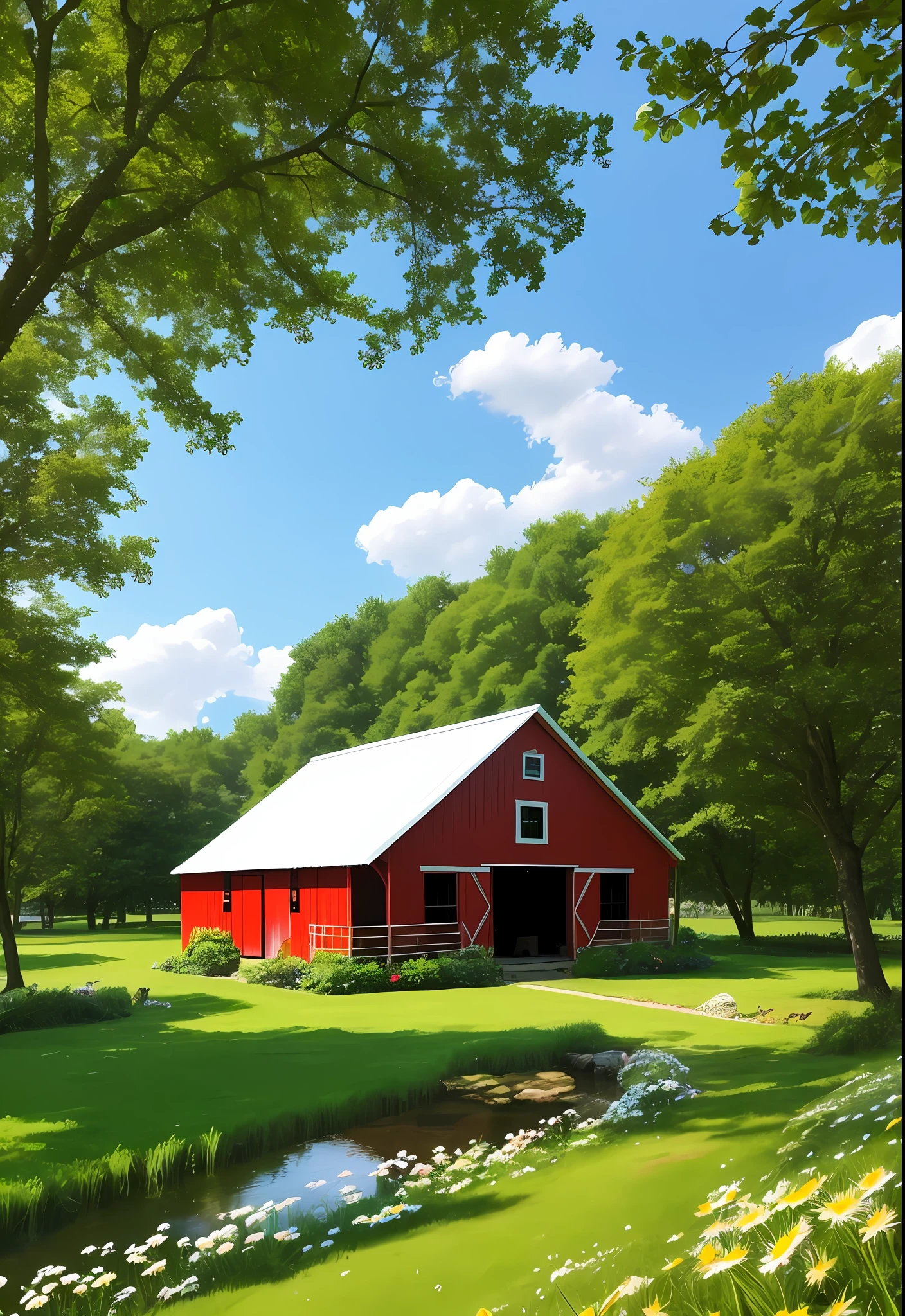The image depicts a charming little farm in the midst of a serene and exuberant landscape. In the center of the scene stands a wooden barn with an inviting red door. The barn is surrounded by white fences that delimit the farm's space.
Just in front of the barn, there is a small calm lake, with a fine mist hanging delicately over the surface of the water. By the lake, there are some colorful rocks and daisies, adding a picturesque touch.
Inside the lake, you can see yellow ducklings swimming merrily, while dragonflies dance gracefully through the air. Next to the lake, there is a leafy tree that offers shade with its branches extended.
To the left of the barn is a corral surrounded by a white wooden fence. The corral houses an adorable array of farm animal puppies. There are spotted cow cubs, fluffy yellow chickens, yellow ducklings in rows, and playful pink pigs. They all radiate an irresistible sweetness.
In the background, one glimpses a hill covered in verdant grass, dotted with multicolored wildflowers. The blue sky is dotted with fluffy white clouds, creating a warm and inviting atmosphere.