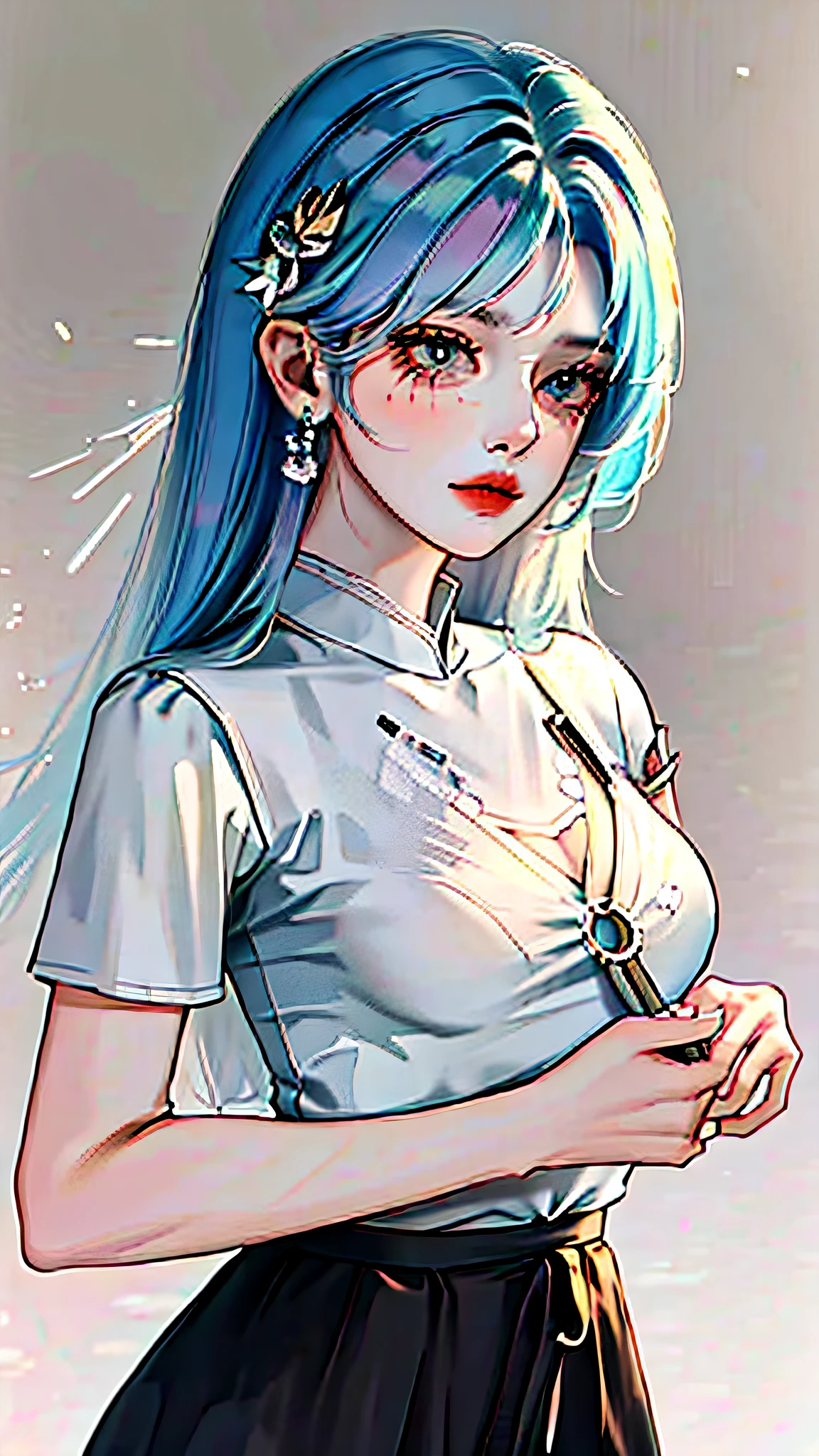 {avatar}, {extremely delicate girl}, CG 8k wallpaper, masterpiece, cold expression, handsome, mid-chest body, face the audience, fashion short skirt, cute t-shirt, rainbow-colored hair, gray eyes, beautiful and delicate eyes {{a black crosshairpin}}, handsome, glowing hair, dramatic angle, diamond crown, earrings,