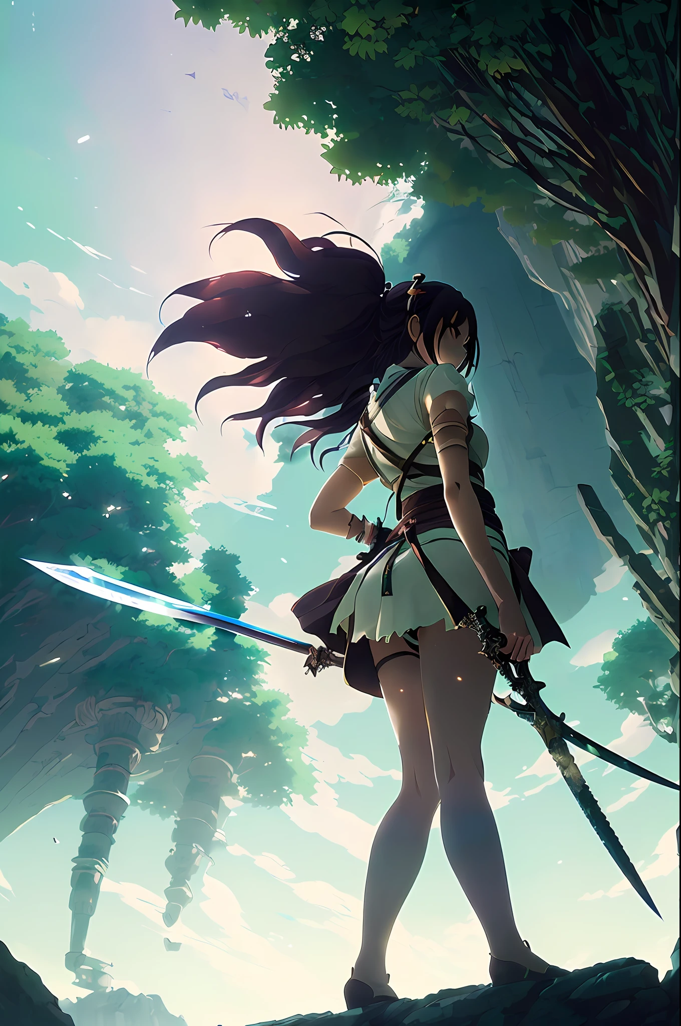 ((masterpiece, best quality)), (extremely detailed CG unity 8k wallpaper, masterpiece, best quality, ultra-detailed, best shadow), (detailed background), (beautiful detailed face, beautiful detailed eyes), High contrast, ( best lighting, very delicate and beautiful), (anime girl: 1.2), ((anime girl walking on water with samurai sword, ripples, background of dawn, backlighting, Saturn in background, low angle illustration of demon slayer, concept art, anime, key visuals, popular pixiv fanbox by wlop and greg rutkowski and makoto shinkai and studio ghibli )), ((caustic)), dynamic angles, beautiful detail glow,