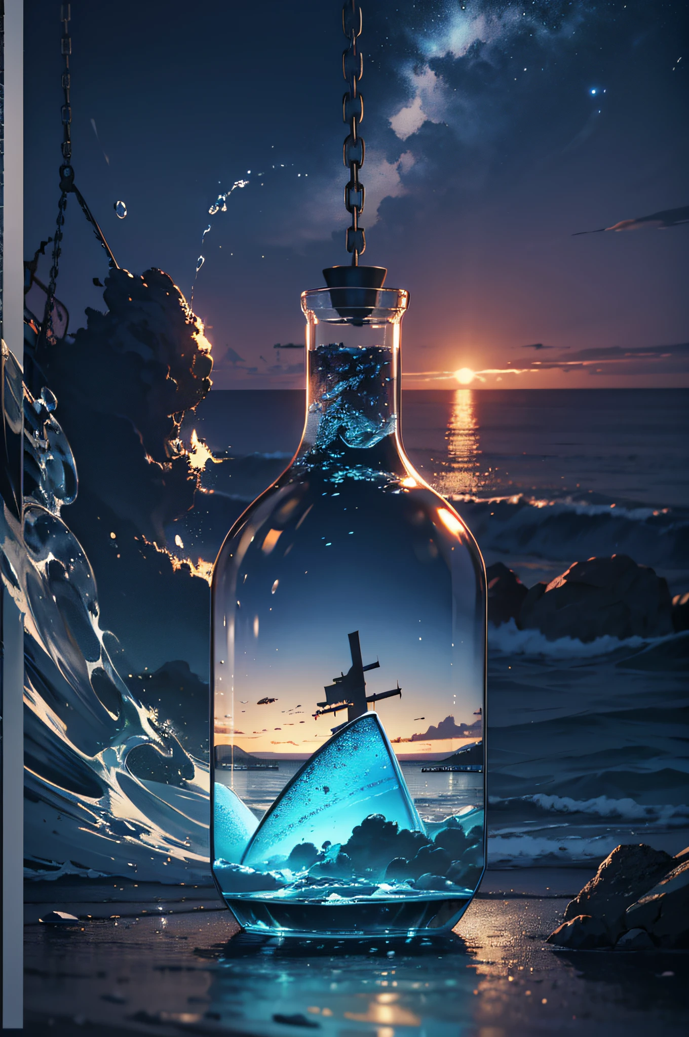 Bottle the sea, evening background, atmospheric lighting, 4k UHD, dark atmosphere, ultra-detailed, vivid colors, epic composition, octane rendering, clear focus, high resolution isometric, fantastic art