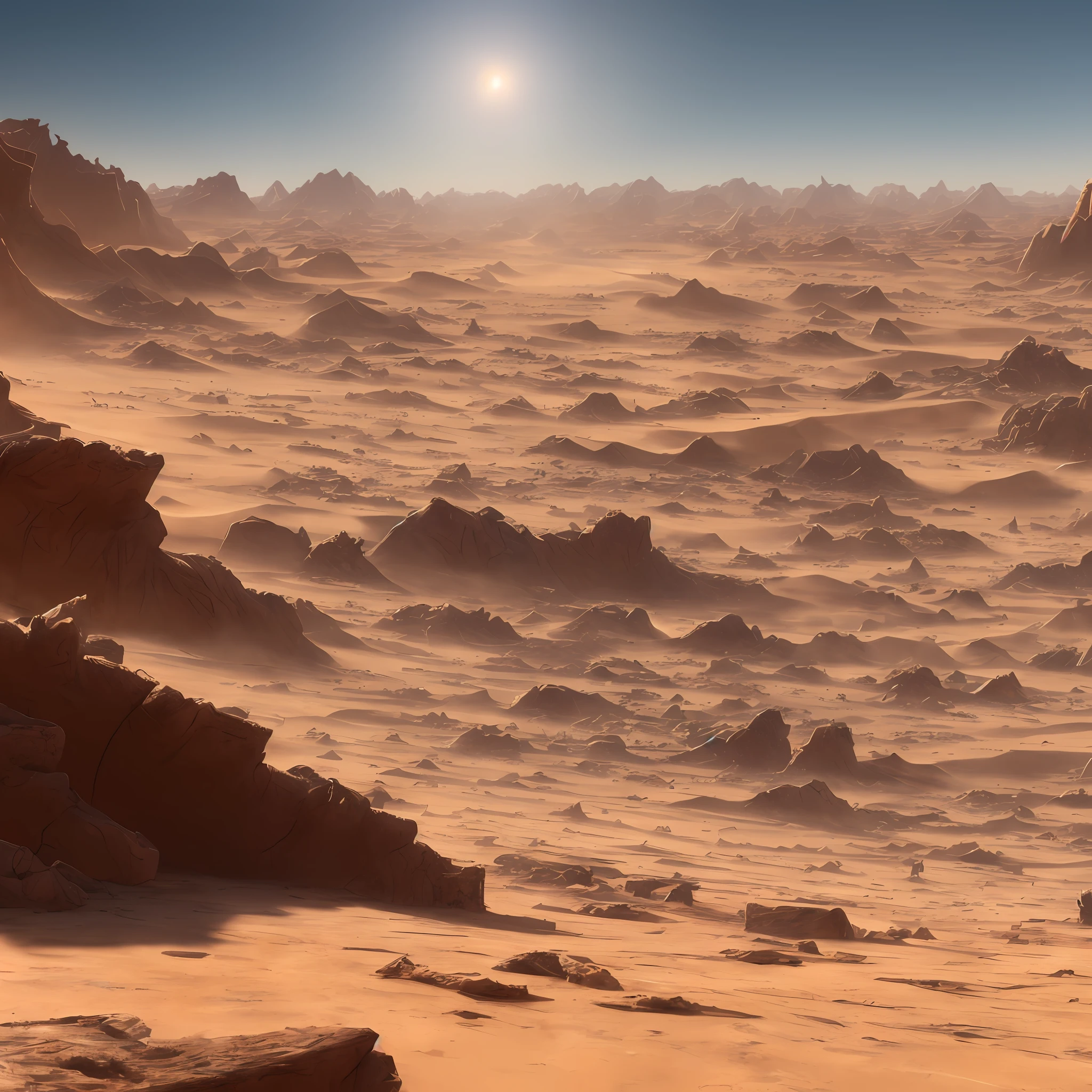 (extremely detailed CG unit 8k wallpaper, masterpiece, best quality, ultra-detailed), dusty atmosphere, sunlight, sand desert, inhospitable, lifeless, no people, just desert