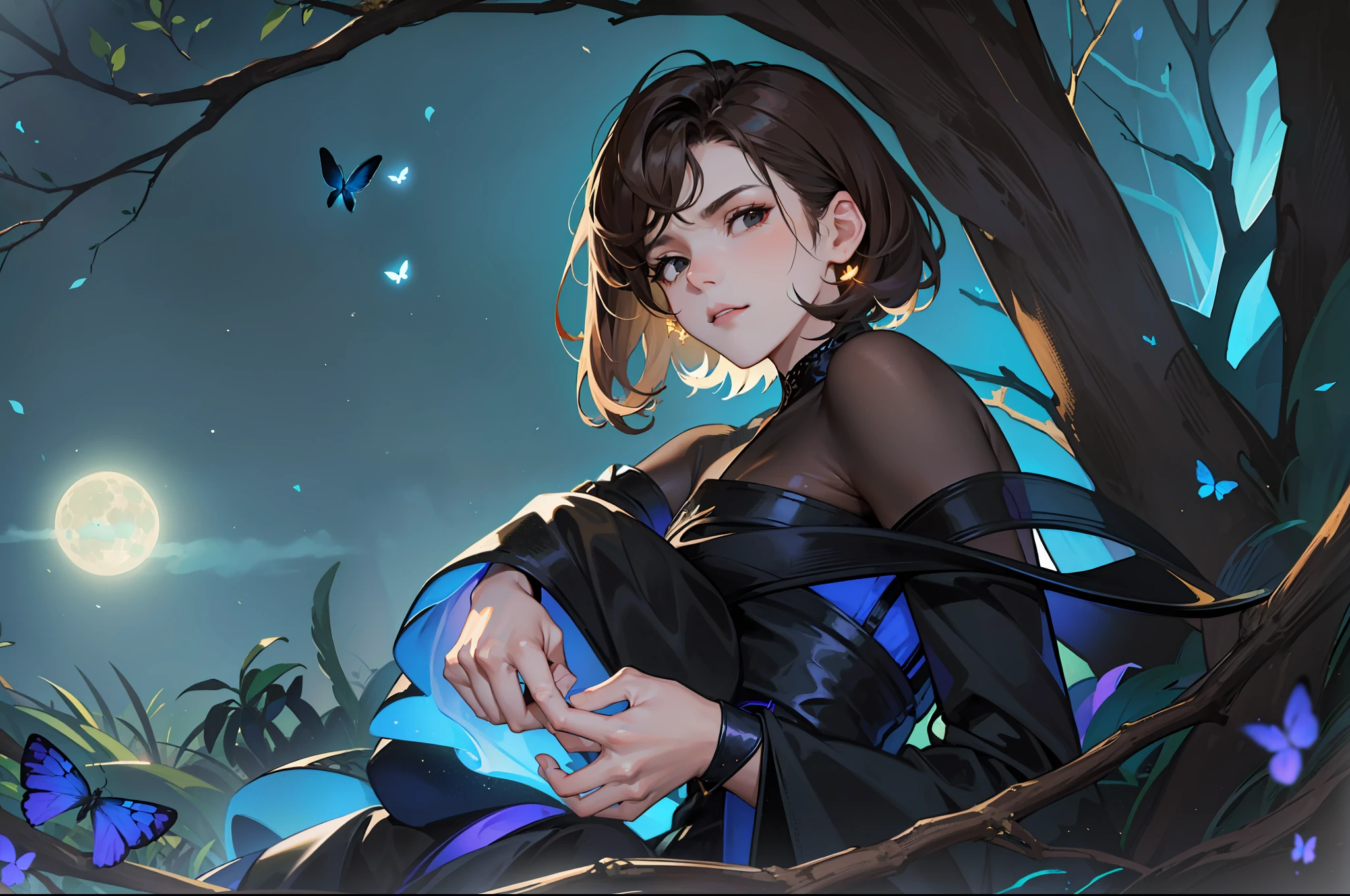 ((Superior quality, portraits, masterpieces, 8K: 1.3 wallpapers)), girl with short wavy brown hair (((SHORT HAIR))), obsidian-like black eyes (((BLACK EYES))), (((ANNOYING, SERIOUS LOOK))) sitting on a branch of a mueto tree, bioluminescent blue butterflies, dark hour, perfect shadows and reflections of the moon on the scene. black dress covered, dark clothes of MOURNING, CLOTHES COVERING THEIR SKIN, TUNIC.