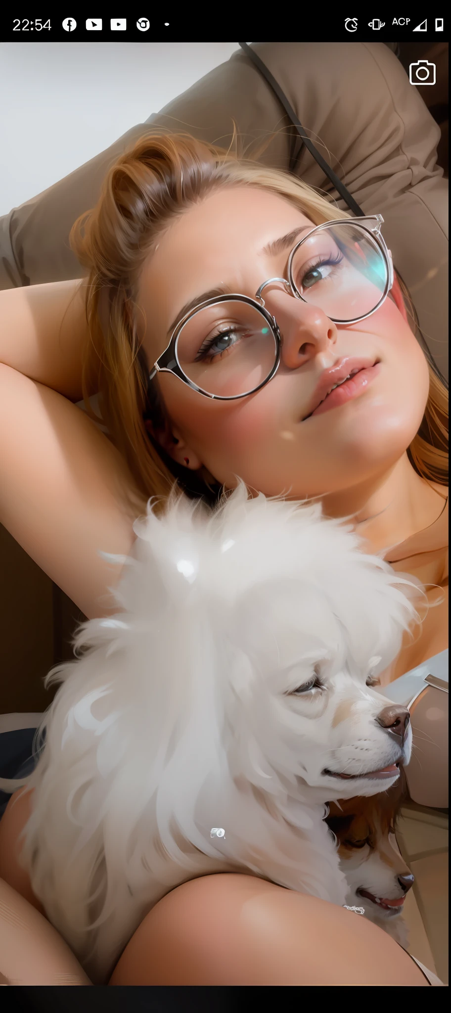 A beautiful woman keep the photo of the original face with her dog