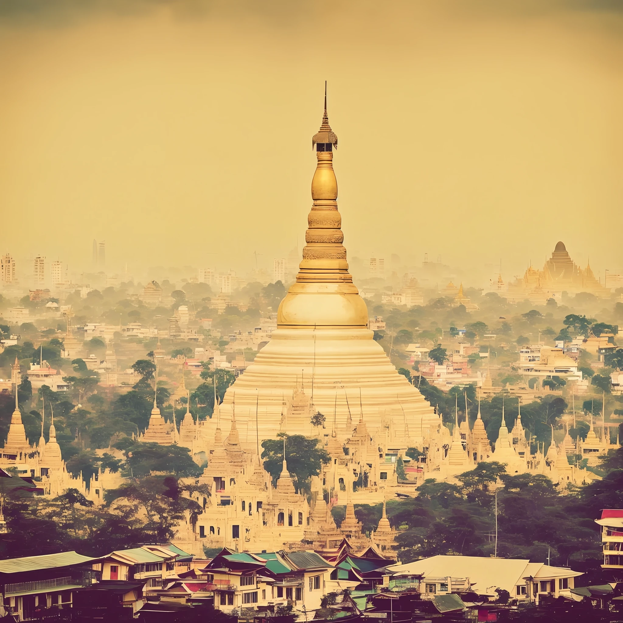 arafed view of a city with a large pagoda in the middle, myanmar, beautiful city, bangkok, glowing temple in the distance, temples behind her, bangladesh, pagoda, beautiful image, spectacular, amazing view, stunning sight, thailand, temple background, savannah, pagodas on hills, buddhism, by Artur Tarnowski, old dhaka, stunning art