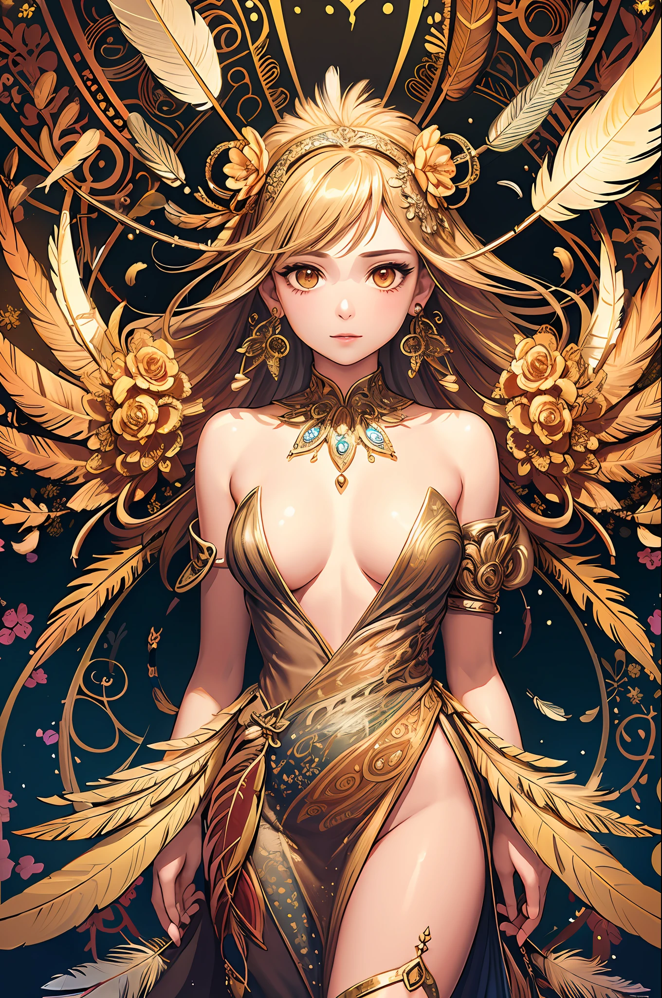 A girl with small breasts, bare shoulders, golden hair, colored feathers, metal ornaments, colored flowers, particles, light rays, (masterpiece, top quality, best quality, official art, beautiful and aesthetic:1.2), (1girl:1.3), extremely detailed,(fractal art:1.1),(colorful:1.1)(flowers:1.3),highest detailed,(zentangle:1.2), (dynamic pose), (abstract background:1.3), (shiny skin), (many colors :1.4), ,(earrings:1.4), (feathers:1.4)
