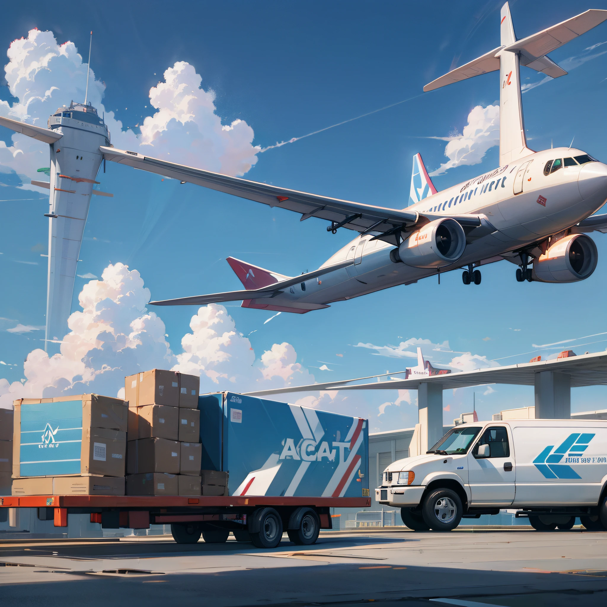 A magical, surreal air cargo terminal with a van, an airplane and a trailer, several stevedores, and clouds in the sky --auto --s2